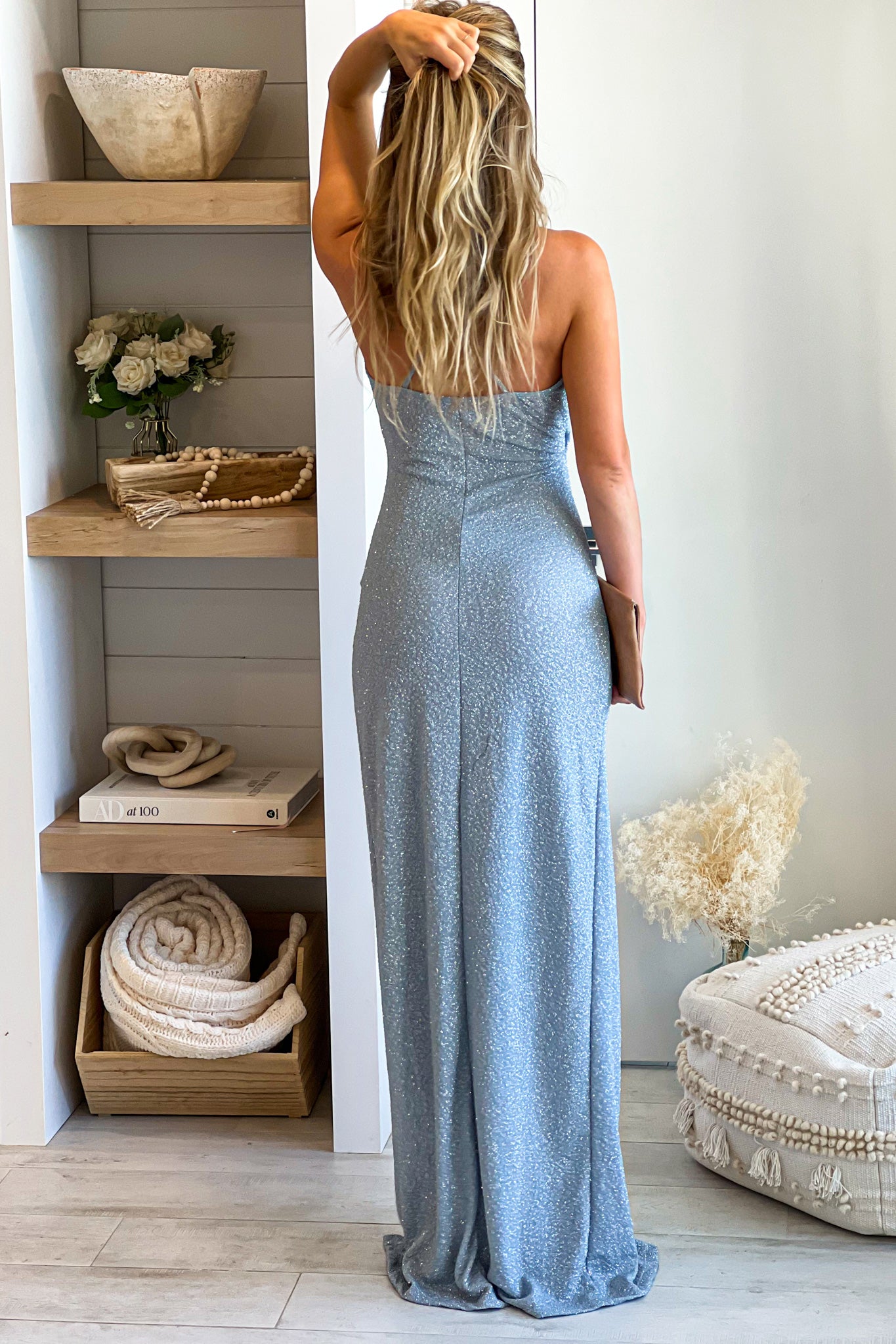 Gorgeous Light Blue Glitter Maxi Dress with Side Slit and Ruching