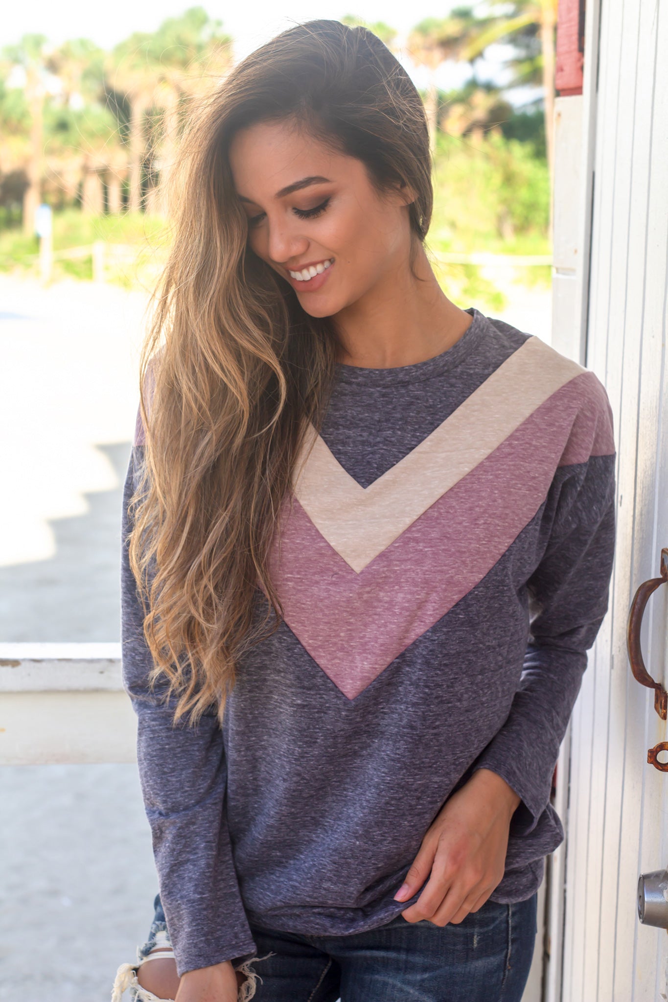Stylish Charcoal Chevron Print Long - Sleeve Fall Sweater