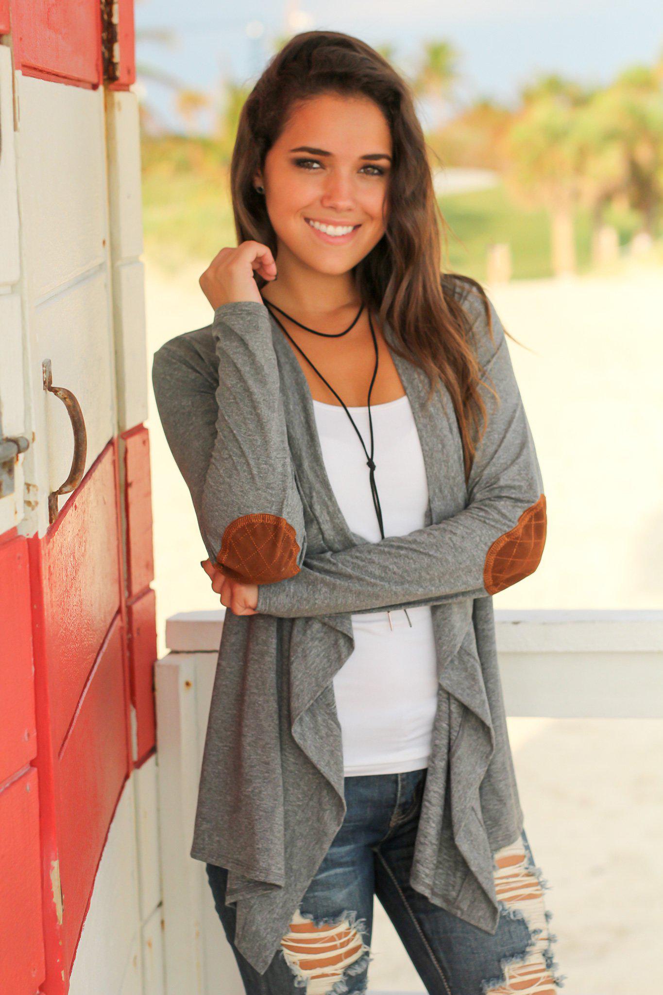 Stylish Charcoal Draped Cardigan with Adorable Elbow Patches