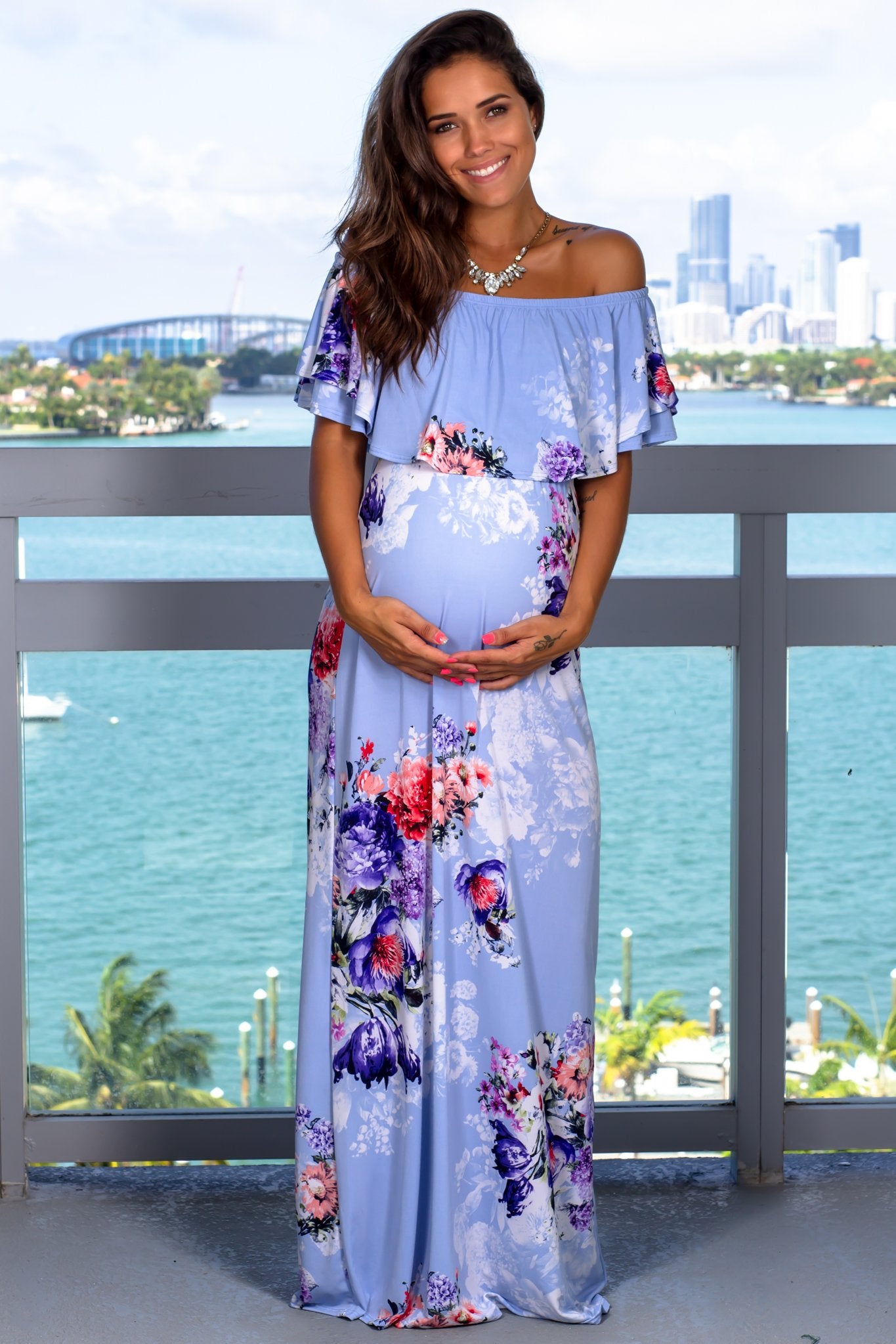 Light Blue Floral Off-the-Shoulder Maternity Long Maxi Dress for Expectant Mothers