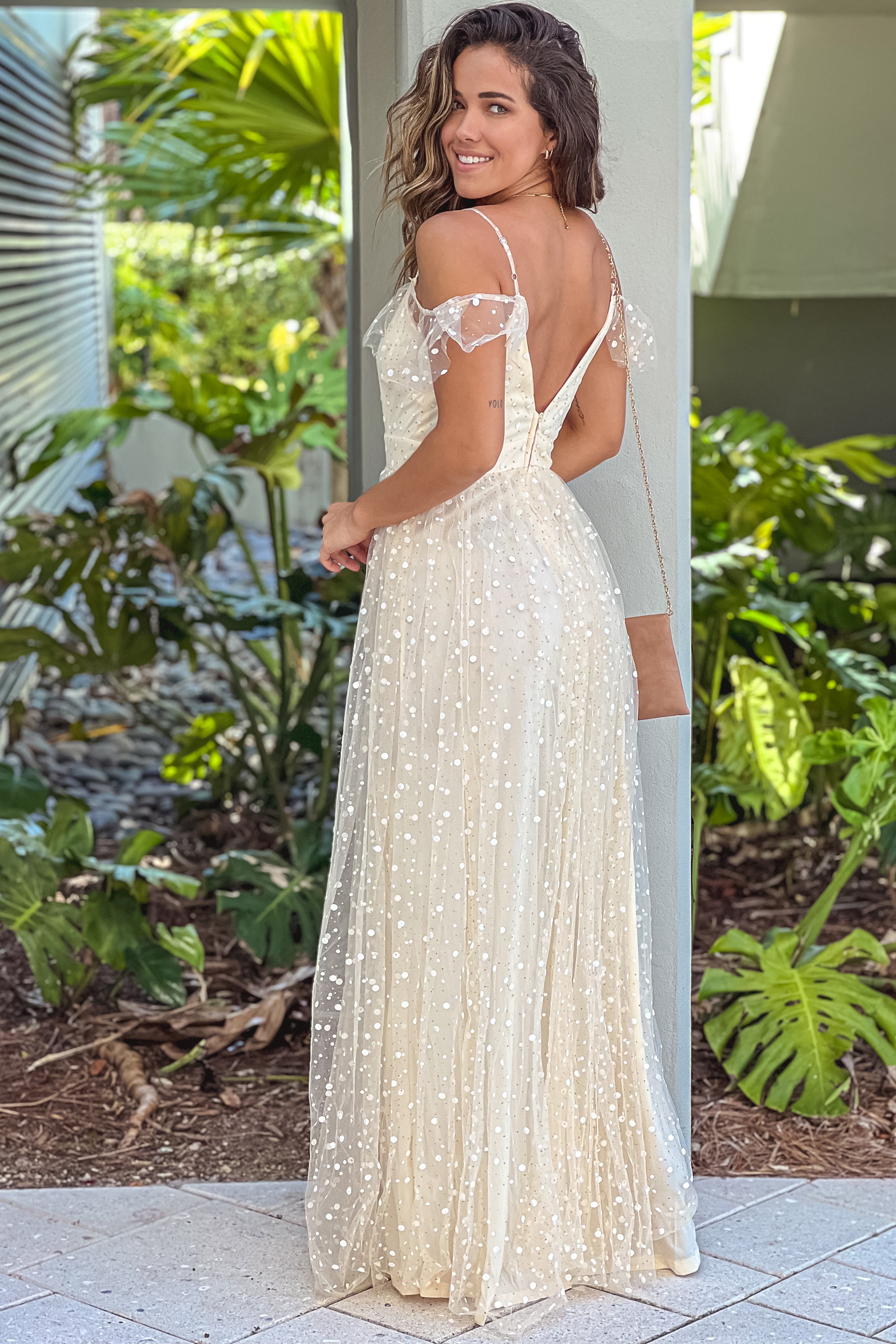 Gorgeous Champagne Tulle Maxi Dress with Detailed Design