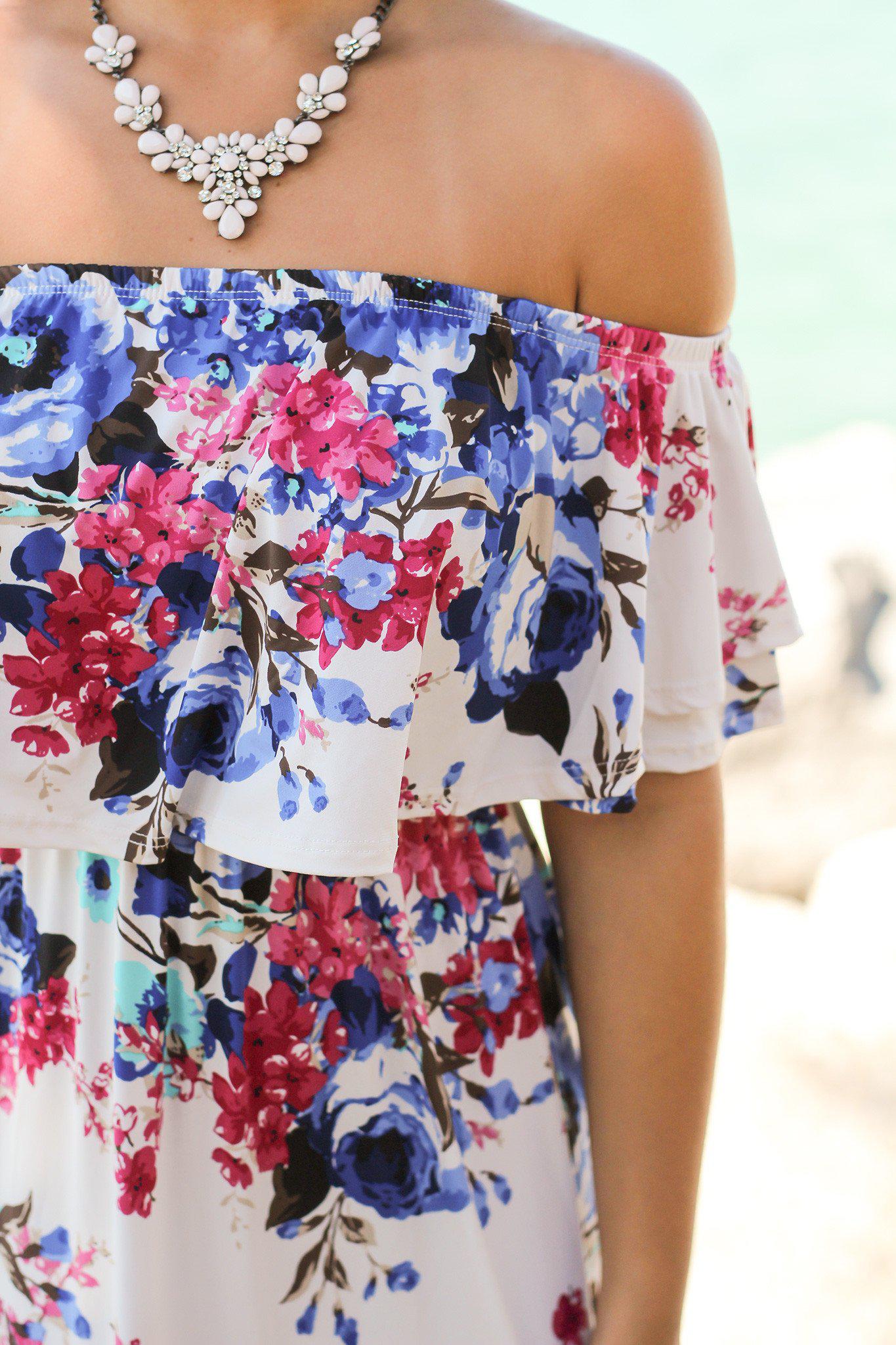 Charming Ivory Floral Off - Shoulder Maxi Dress for Spring and Summer