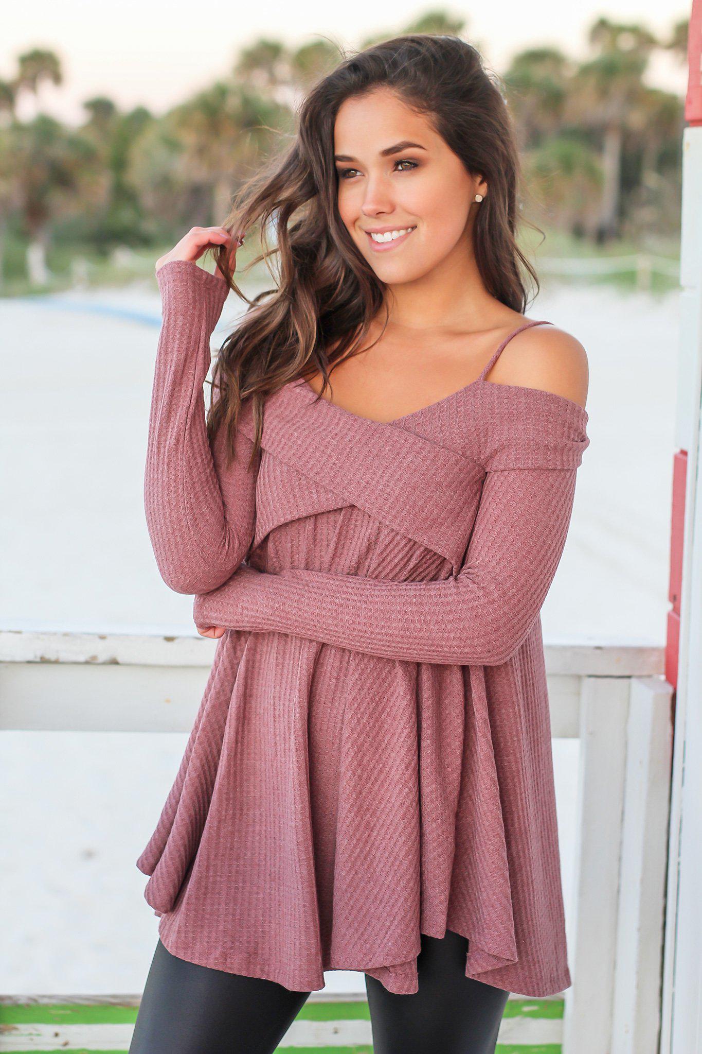 Stylish Light Maroon Knit Off - Shoulder Long - Sleeve Tunic