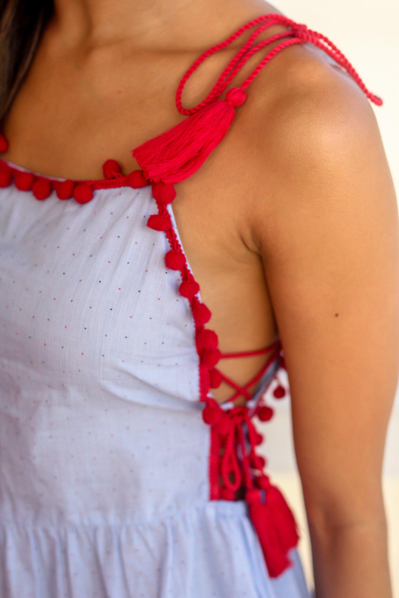 Adorable Light Blue Sleeveless Top with Tassel and Pom Pom Accents