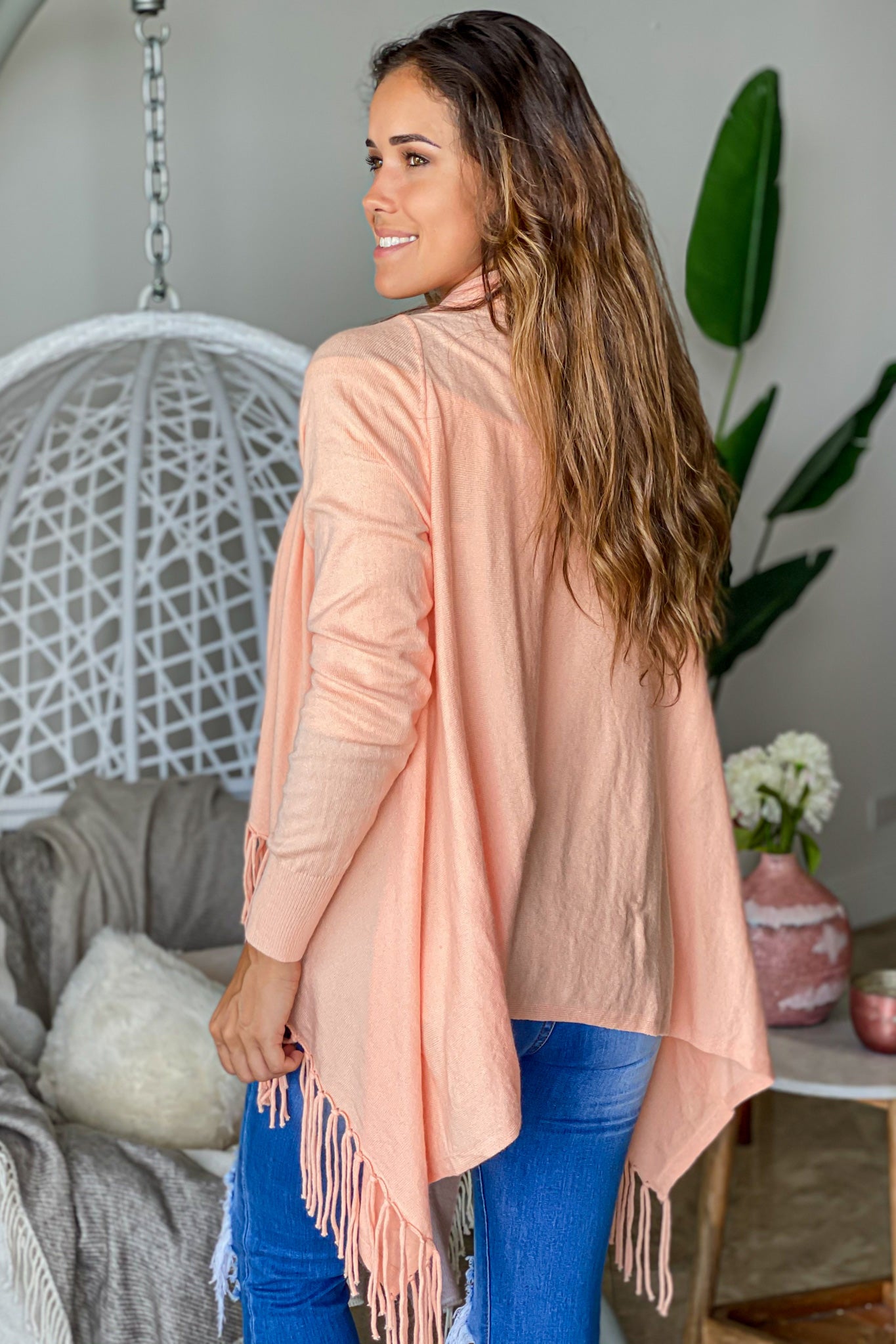 Adorable Light Peach Fringe Open - Front Asymmetrical Cardigan