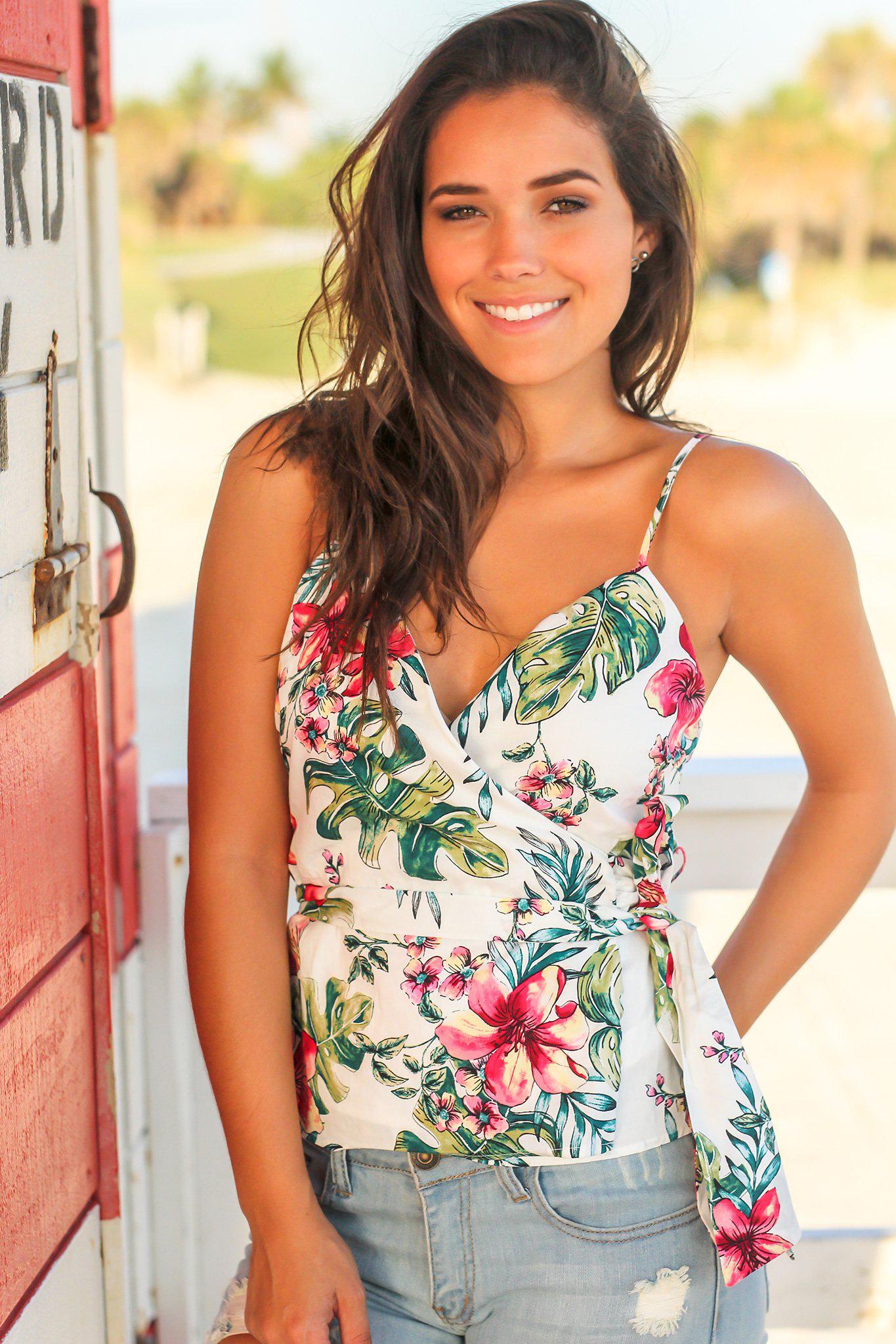 Chic Ivory Tropical Print Wrap Top for Stylish Summer