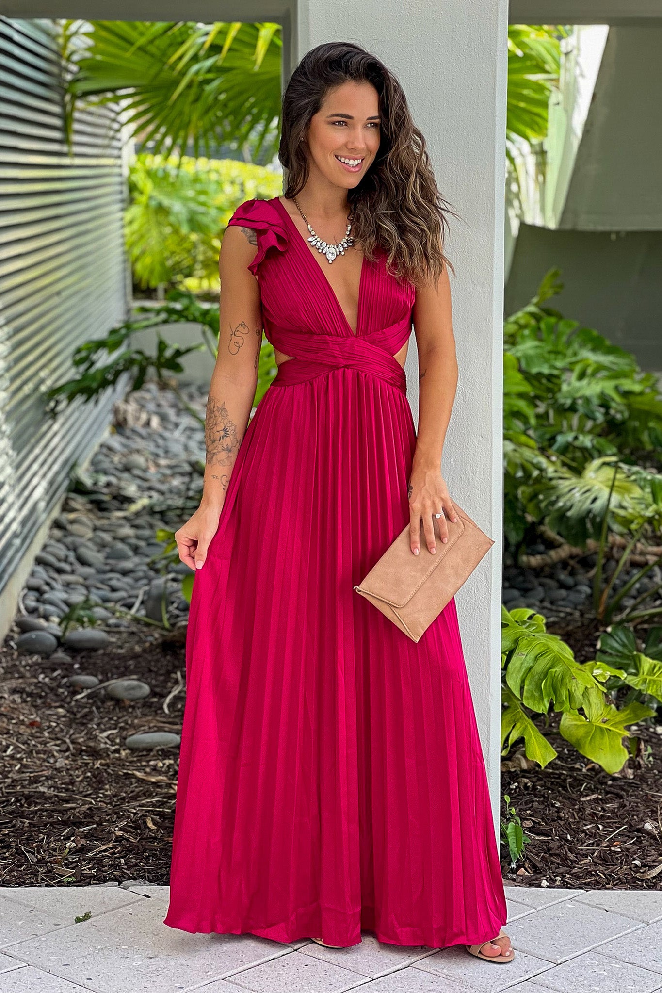 Stunning Burgundy Maxi Dress with Pleated Design and Lace - Up Back