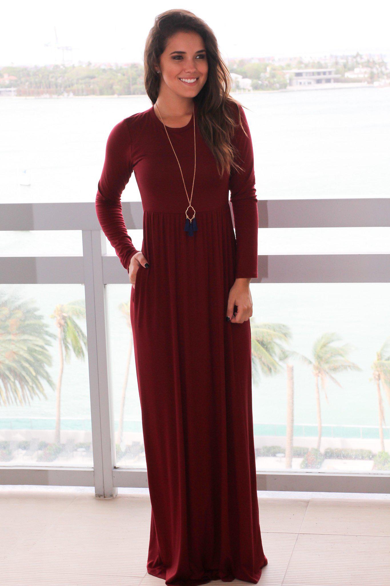 Stylish Burgundy Long - Sleeve Maxi Dress with Convenient Pockets