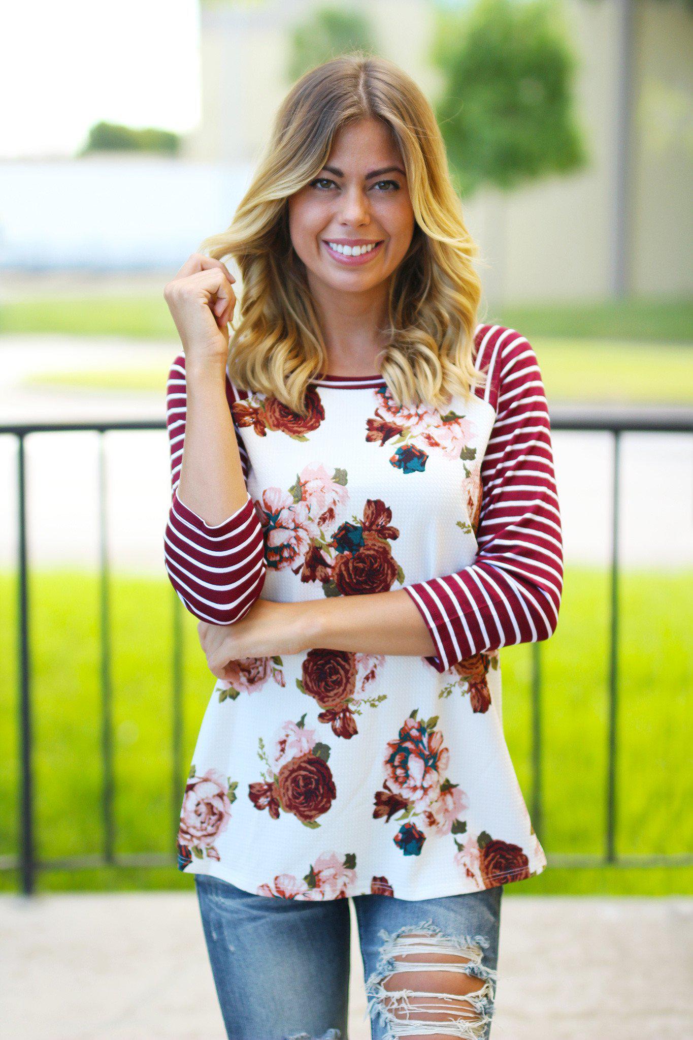 Stylish Burgundy Floral 3/4 Sleeve Top for Fall