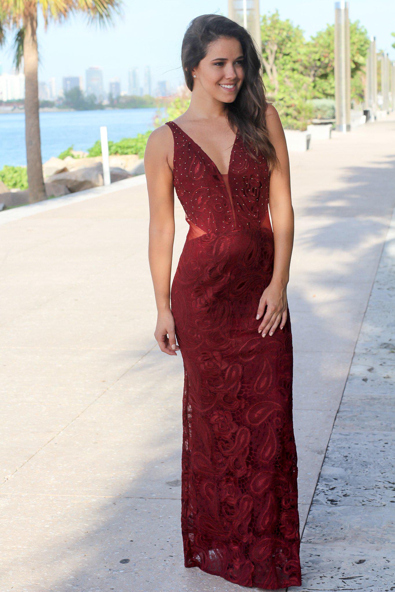 Gorgeous Burgundy Lace Mermaid Maxi Dress with Mesh Back and Gold Dot Details