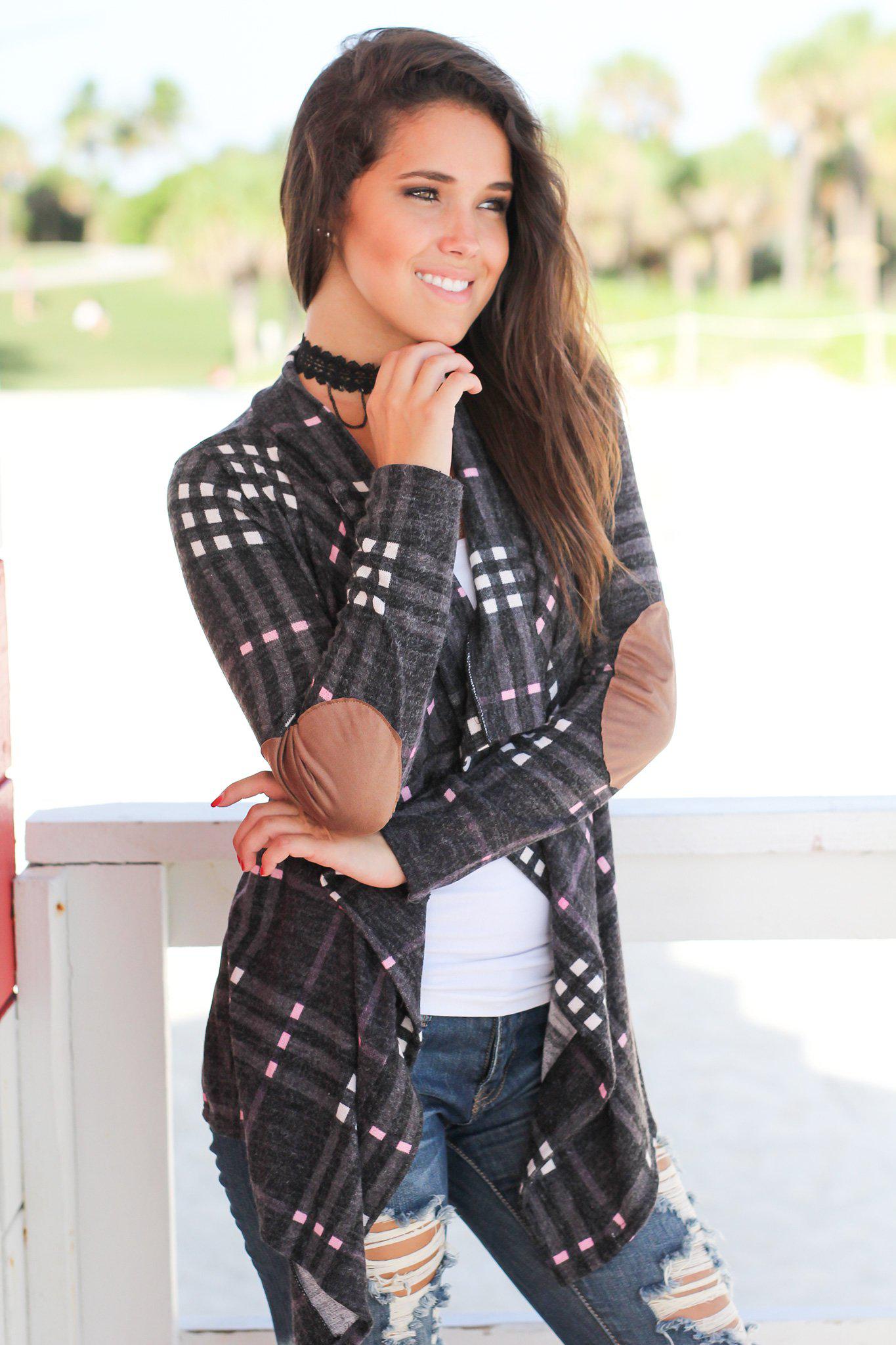 Stylish Charcoal Plaid Knitted Cardigan for Women with Faux Suede Elbow Patches