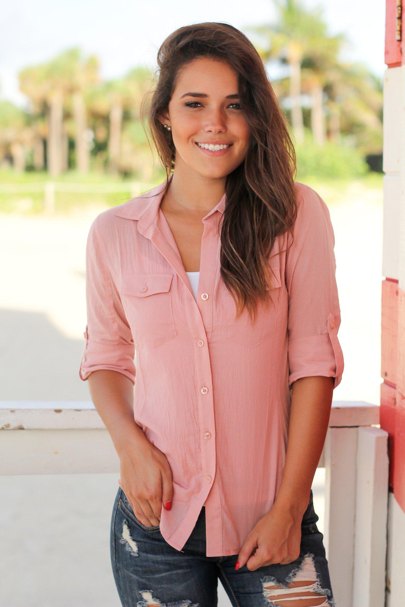 Charming Mauve Cotton Button Down Women's Top