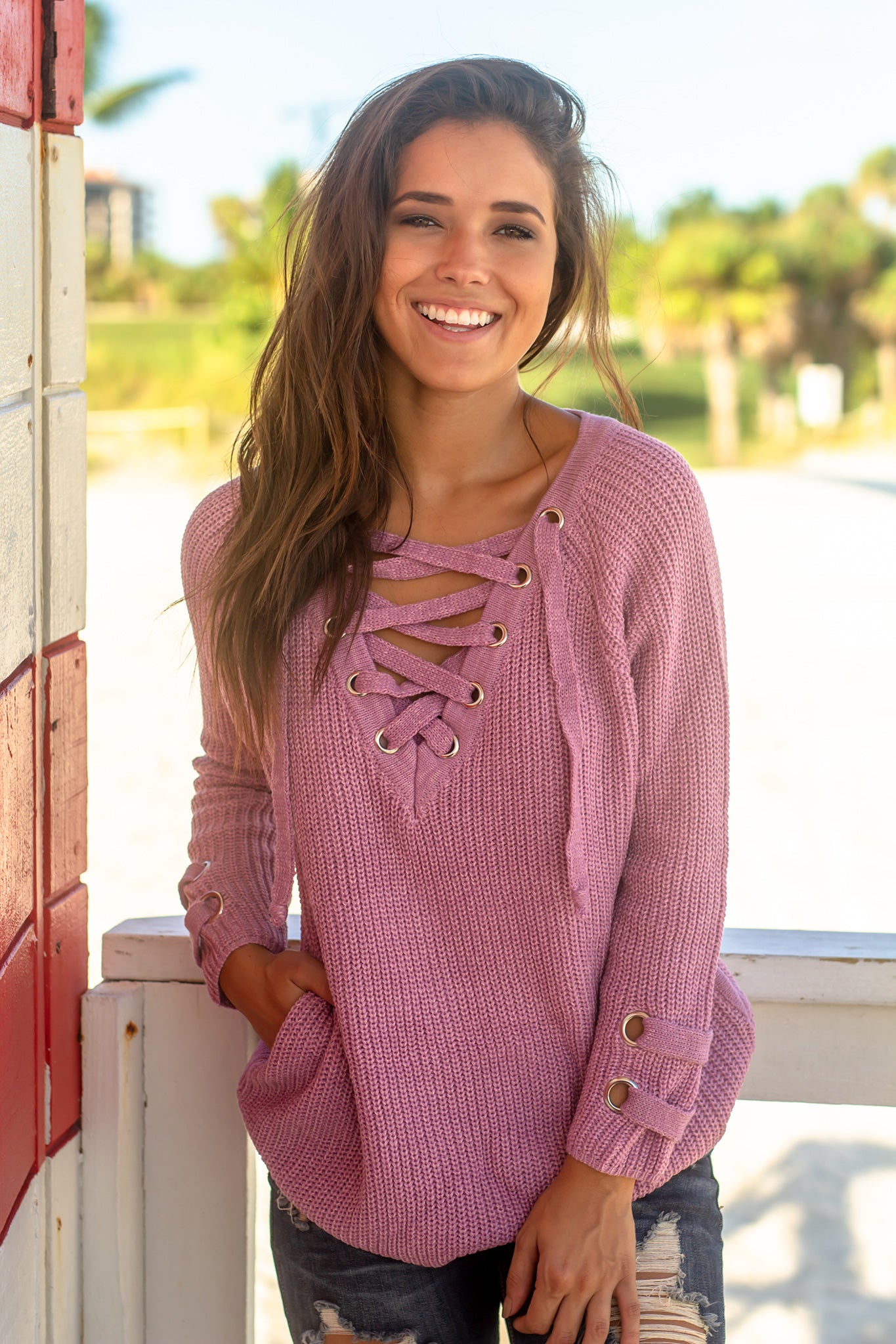 Charming Lilac Lace-Up Acrylic Knit Sweater for Fall and Winter