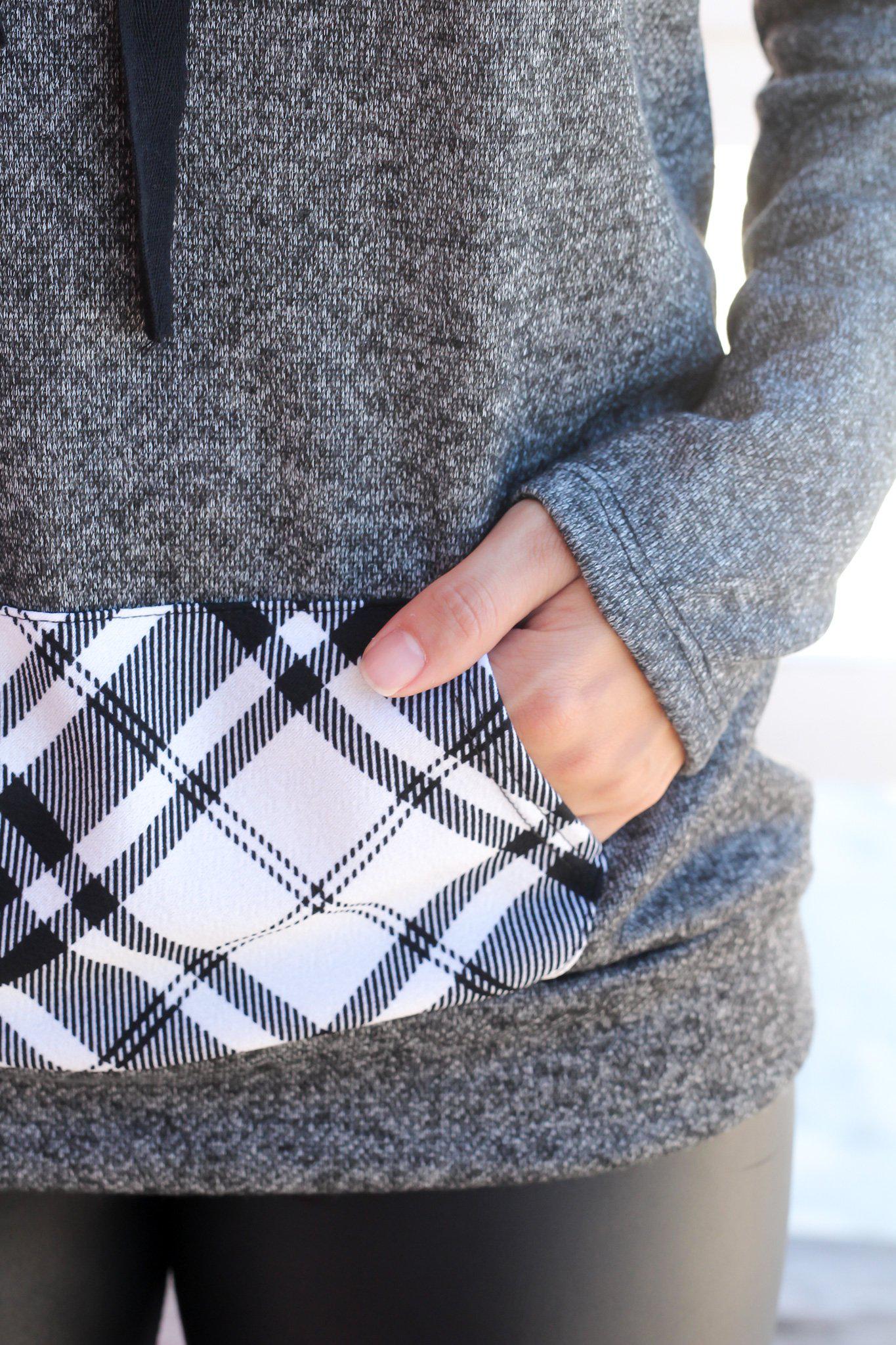 Stylish Charcoal Hoodie Featuring Charming Plaid Details