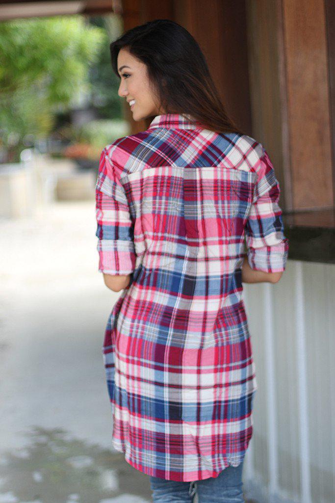 Fashionable Magenta Long Plaid Women's Top