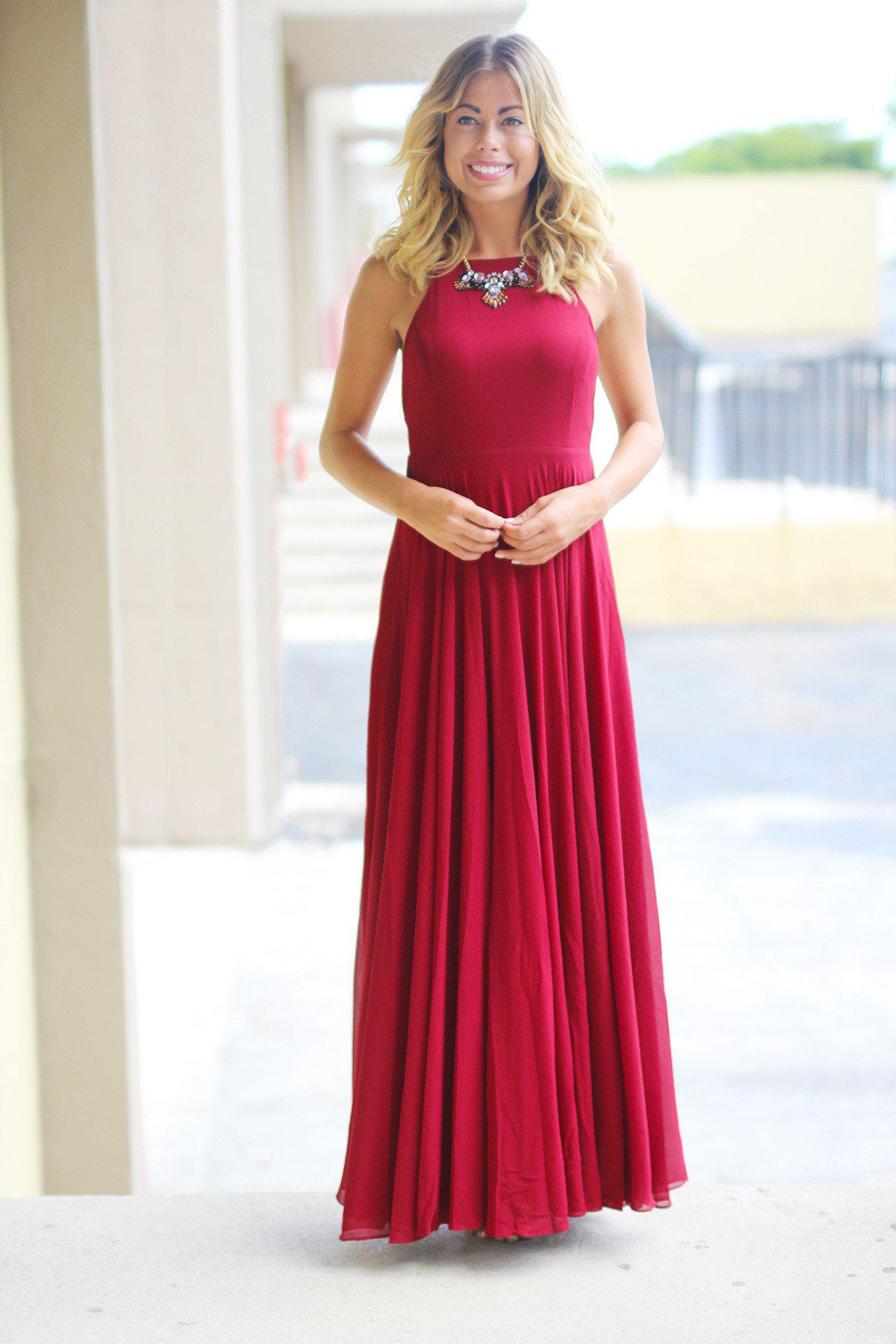 Stunning Burgundy Women's Long Maxi Dress Featuring Crisscross Back Design