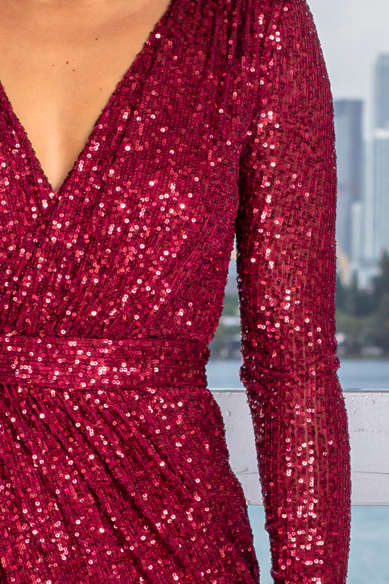 Gorgeous Burgundy Sequined Short Sleeve Cocktail Dress