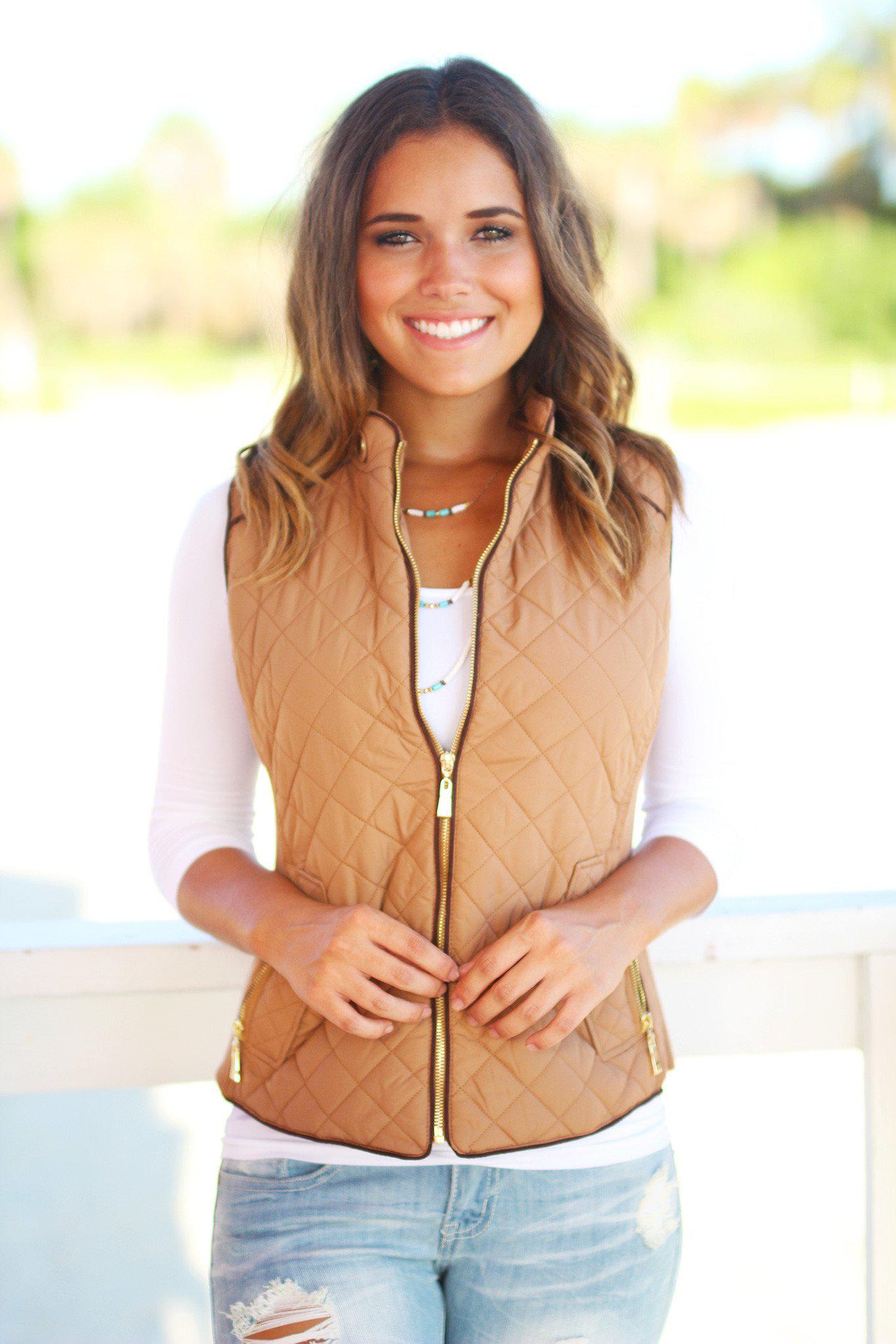 Stylish Camel Quilted Vest with Gold Zippers and Pockets for Fall/Winter