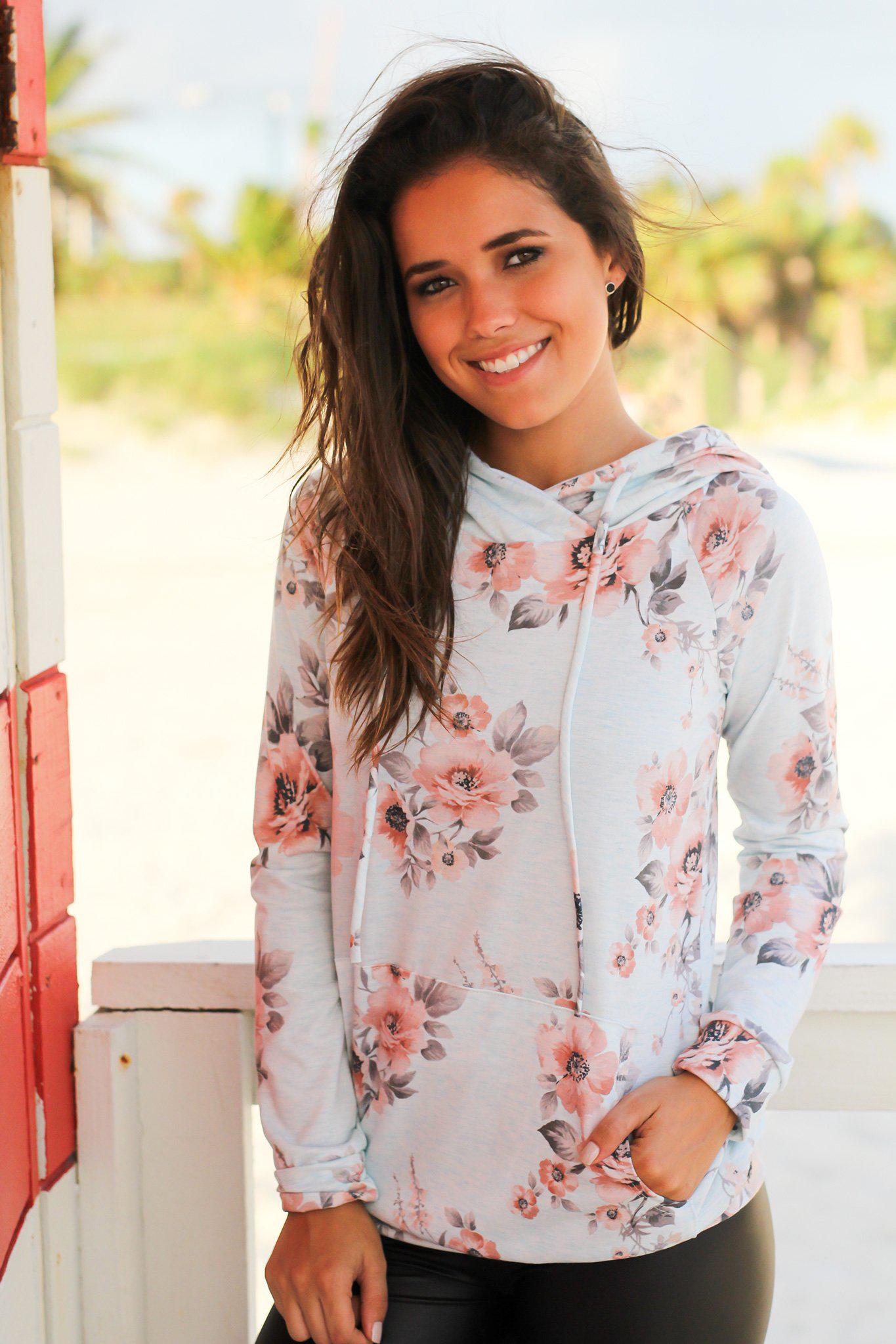 Stylish Light Blue Floral Print Hoodie Sweater for Fall and Winter