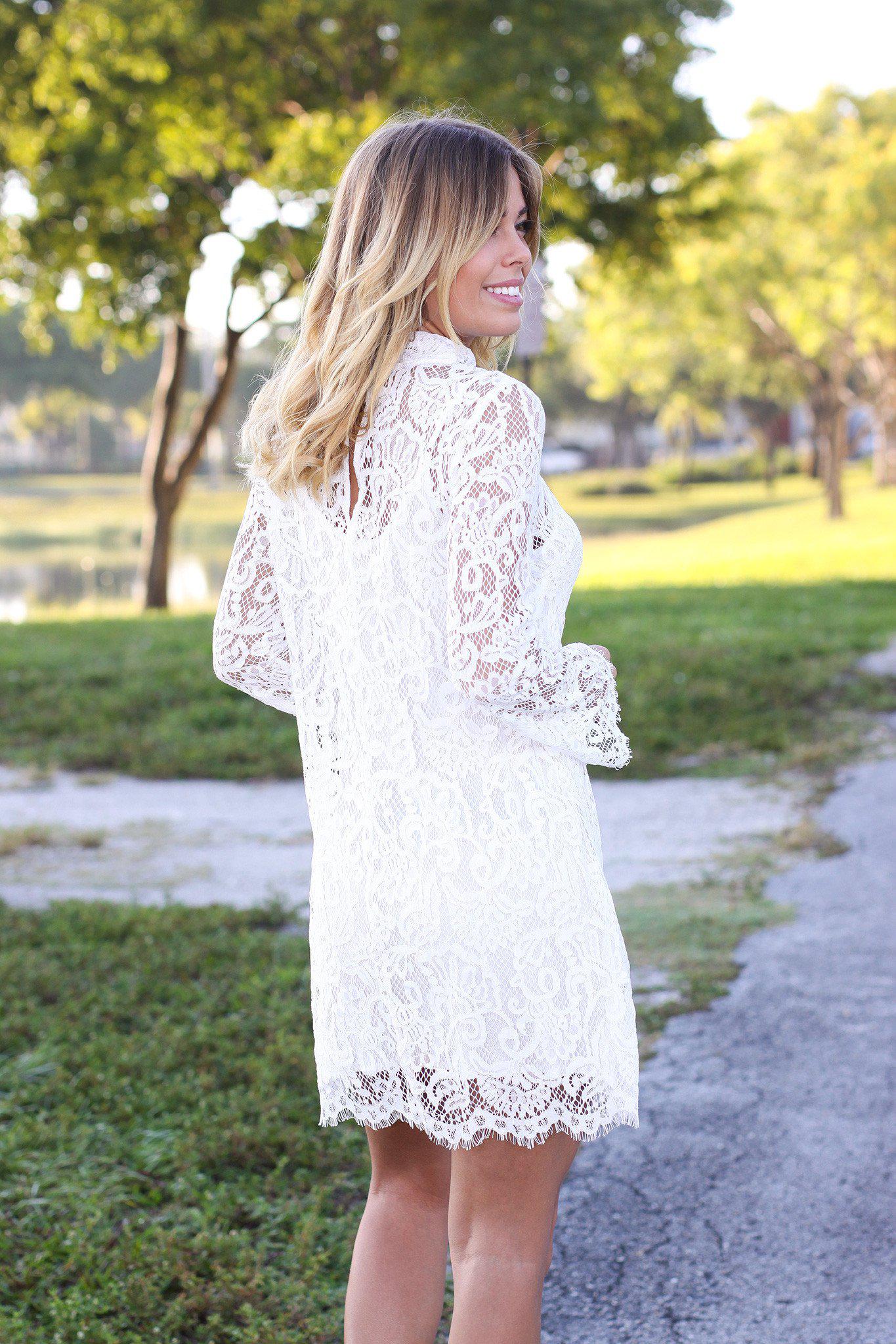 Elegant Ivory Short Lace Dress with Long Sleeves for Women