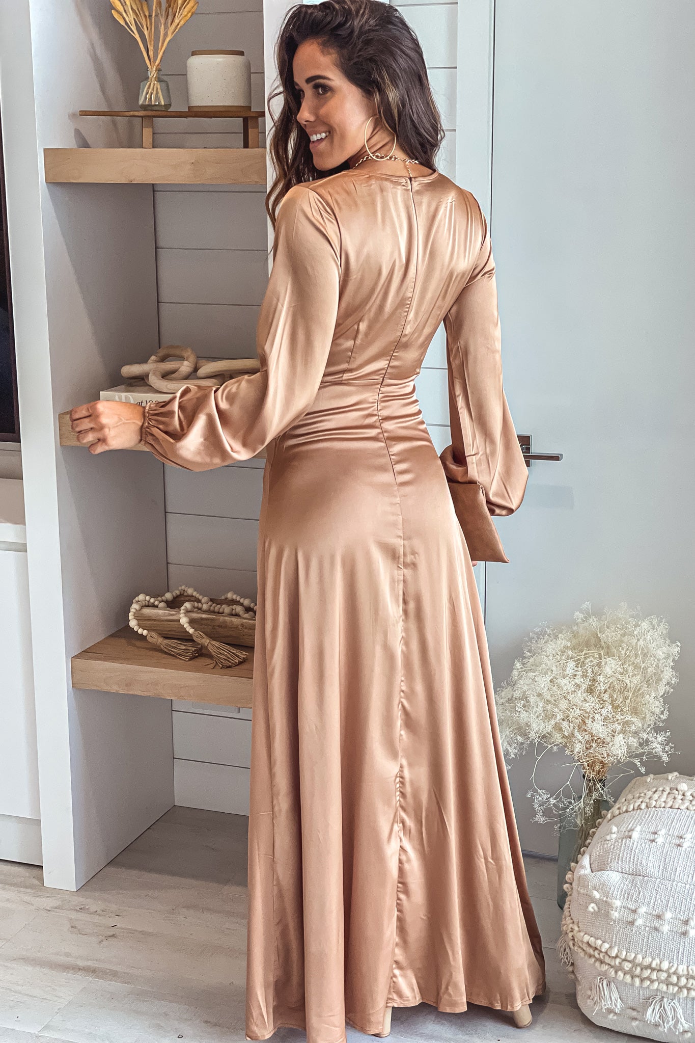 Elegant Champagne Satin V-Neck Long Sleeve Maxi Dress with Side Slit