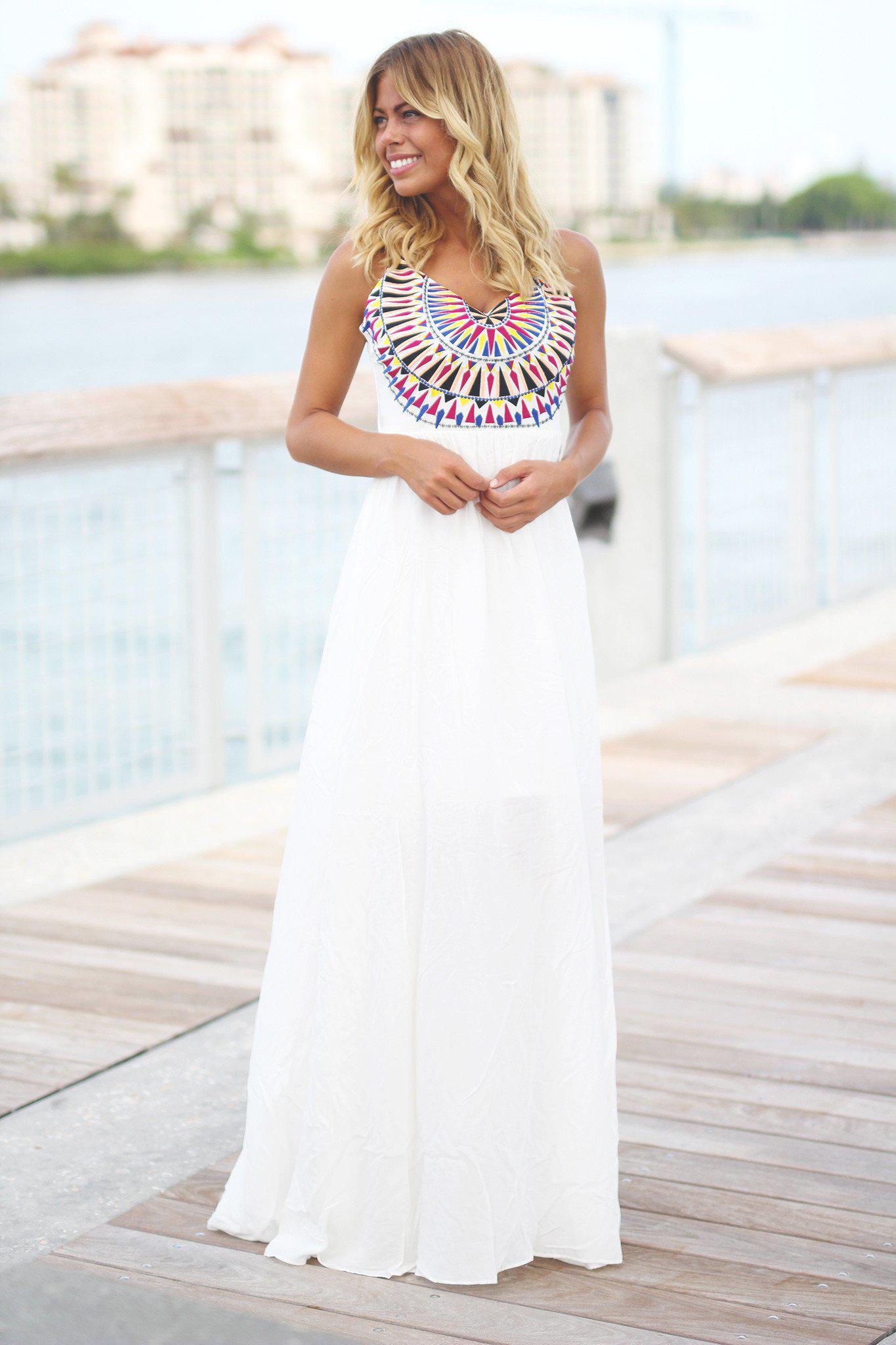 Stunning Ivory Women's Maxi Dress Featuring an Embroidered Top
