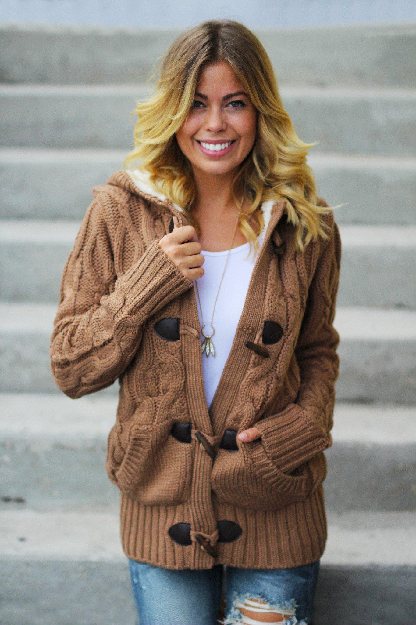 Gorgeous Camel Knitted Hooded Sweater with Faux Fur Trim
