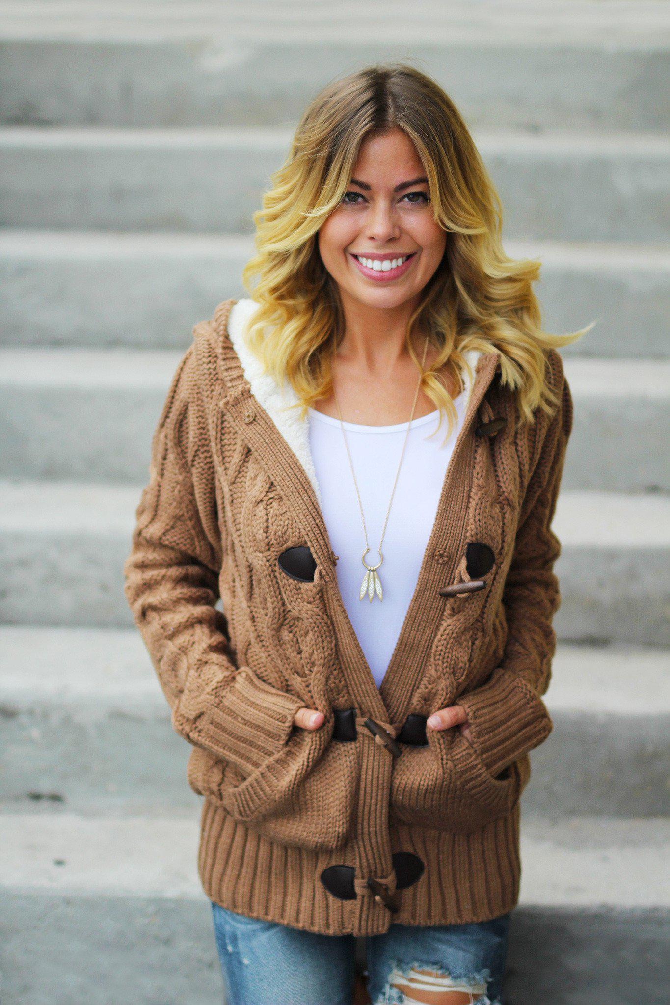 Gorgeous Camel Knitted Hooded Sweater with Faux Fur Trim