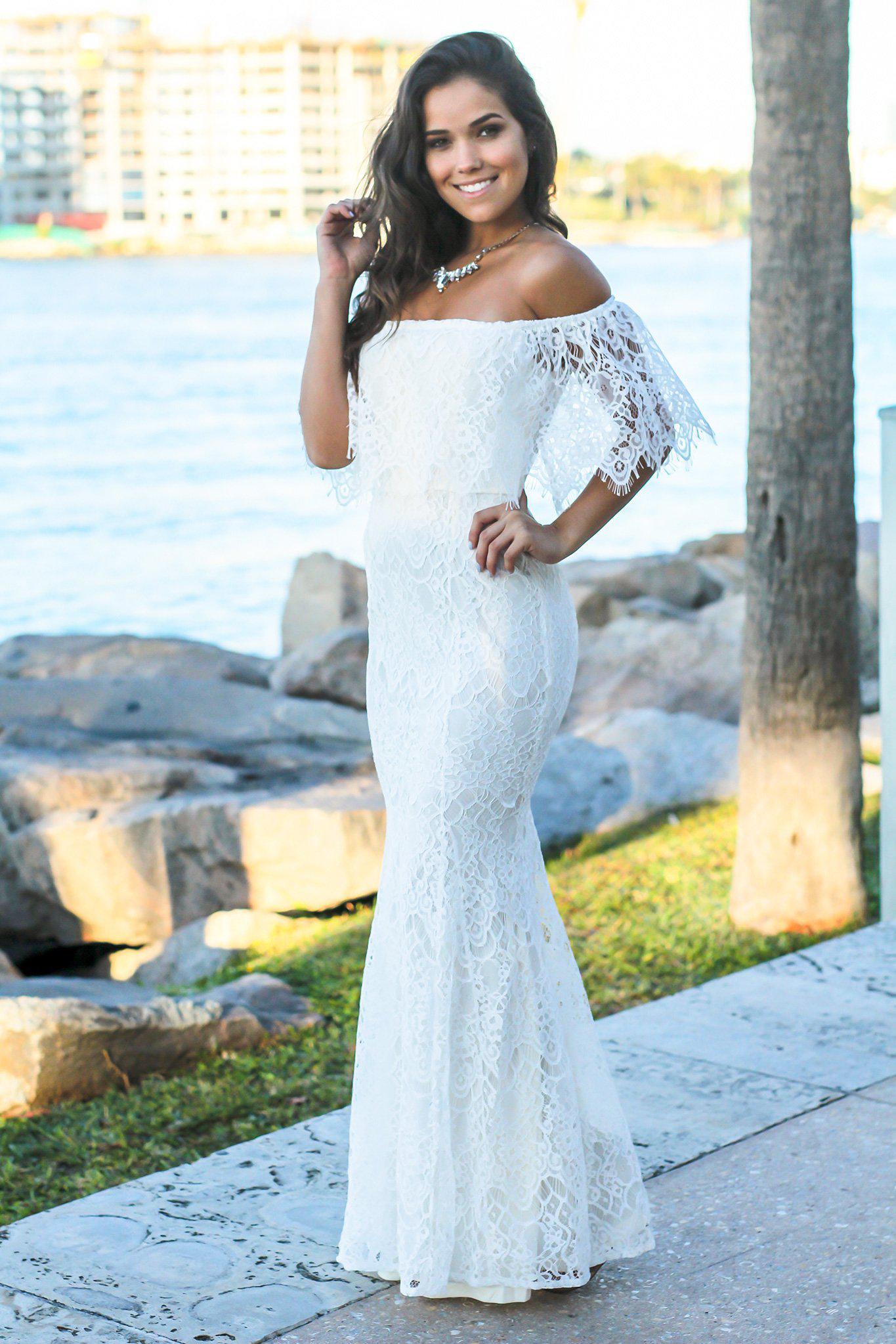 Stunning Ivory Off-the-Shoulder Lace Long Maxi Evening Dress