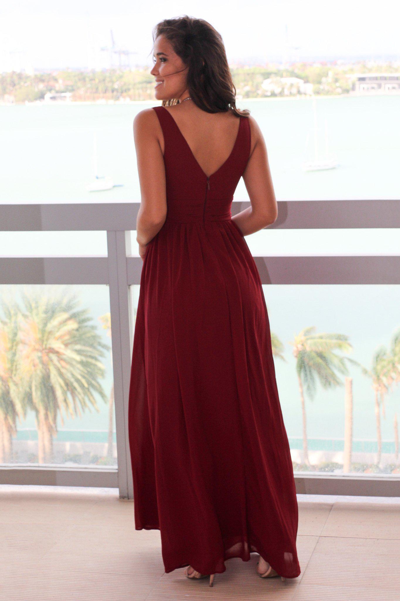 Gorgeous Burgundy Women's V-Neck Long Maxi Dress with Pleated Upper Part