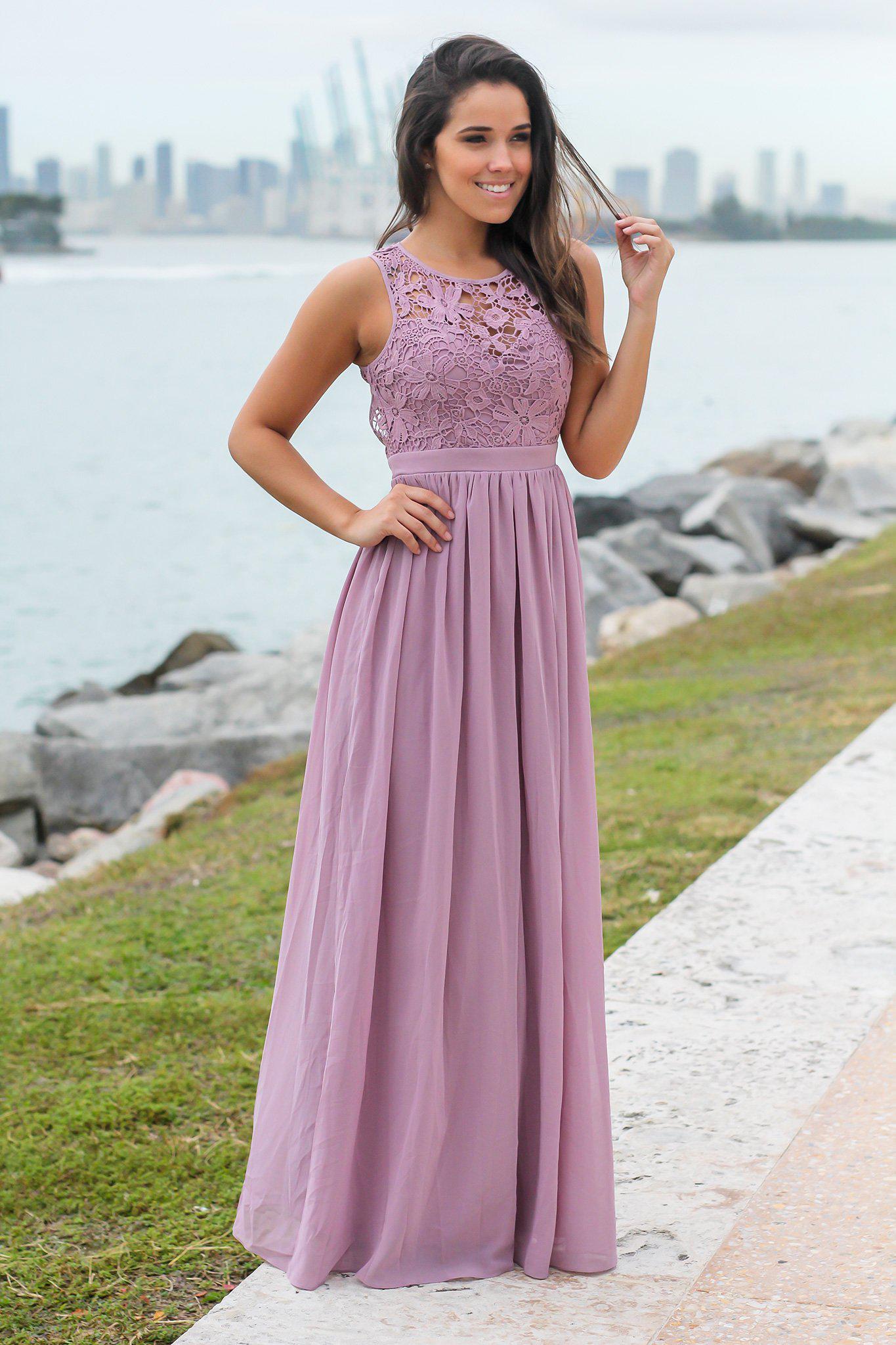 Gorgeous Open - Back Mauve Crochet Maxi Dress for Bridesmaids