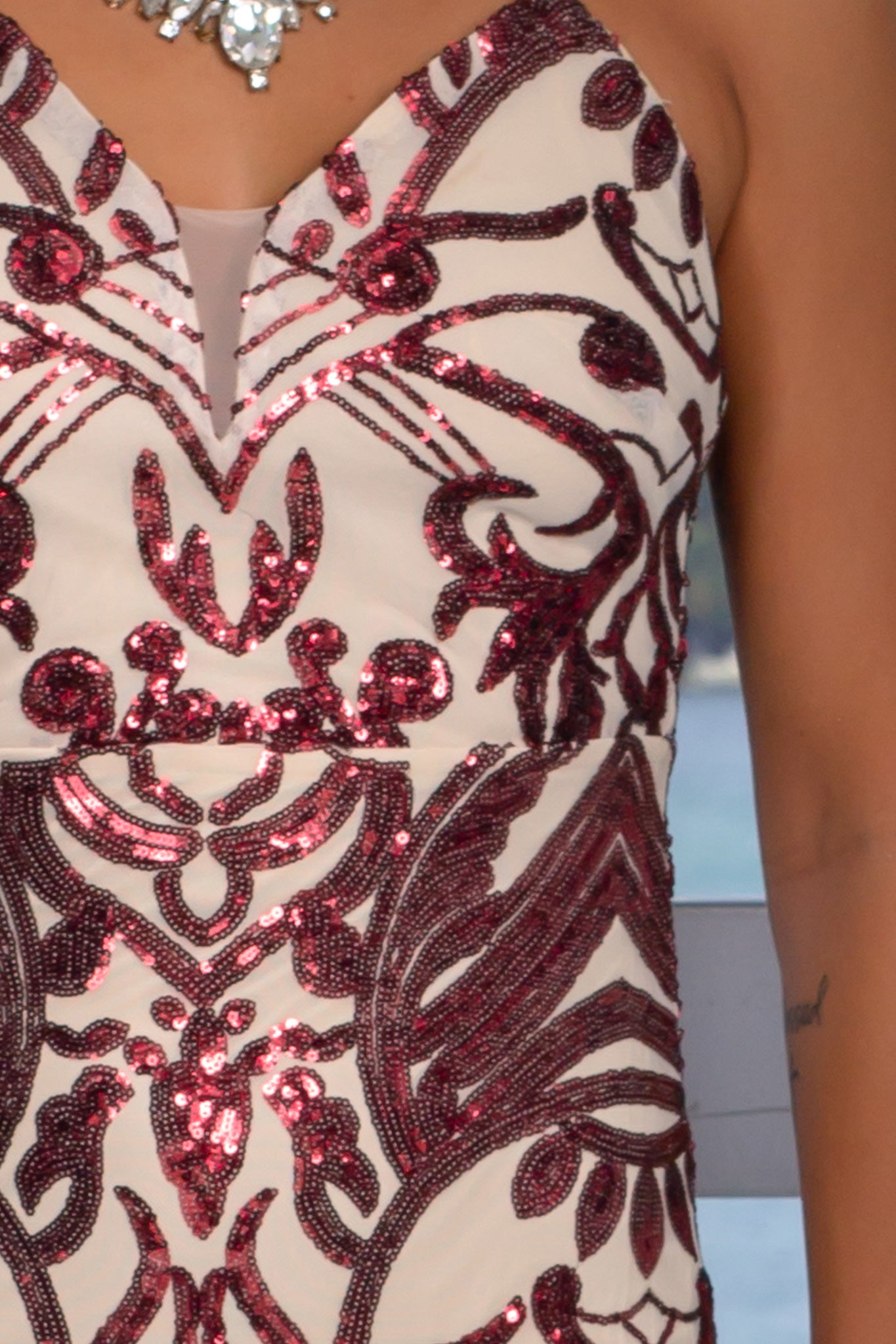 Elegant Burgundy and Beige Sequined Floor-Length Maxi Dress for Special Occasions
