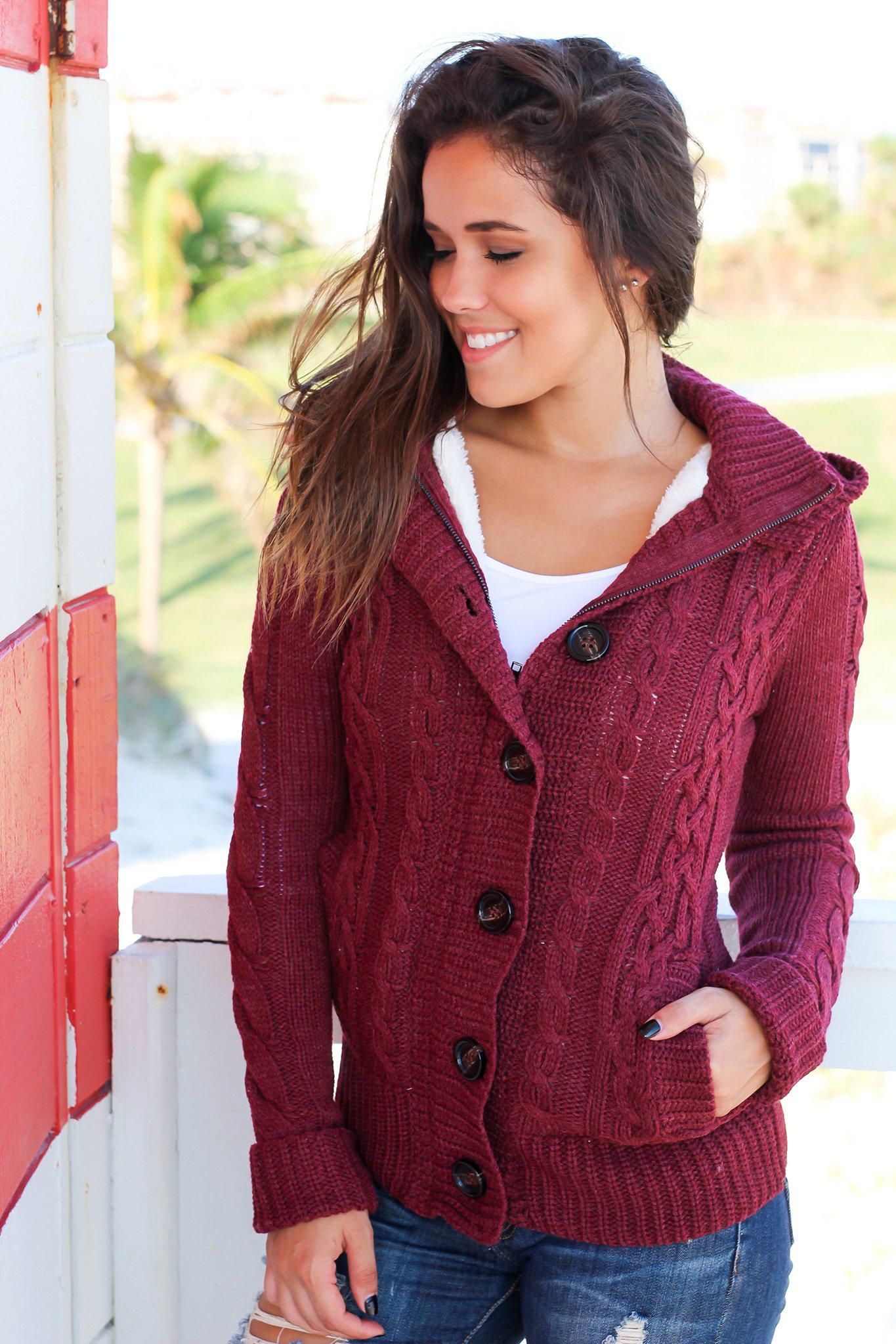 Stylish Burgundy Knitted Sweater Featuring a Faux Fur Hood for Fall and Winter