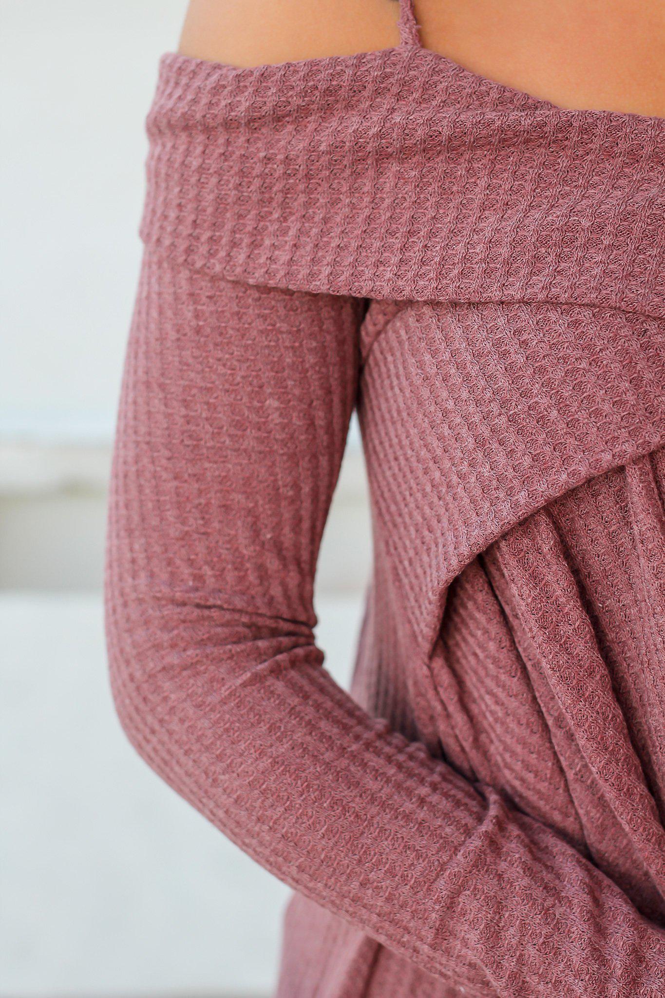 Stylish Light Maroon Knit Off - Shoulder Long - Sleeve Tunic