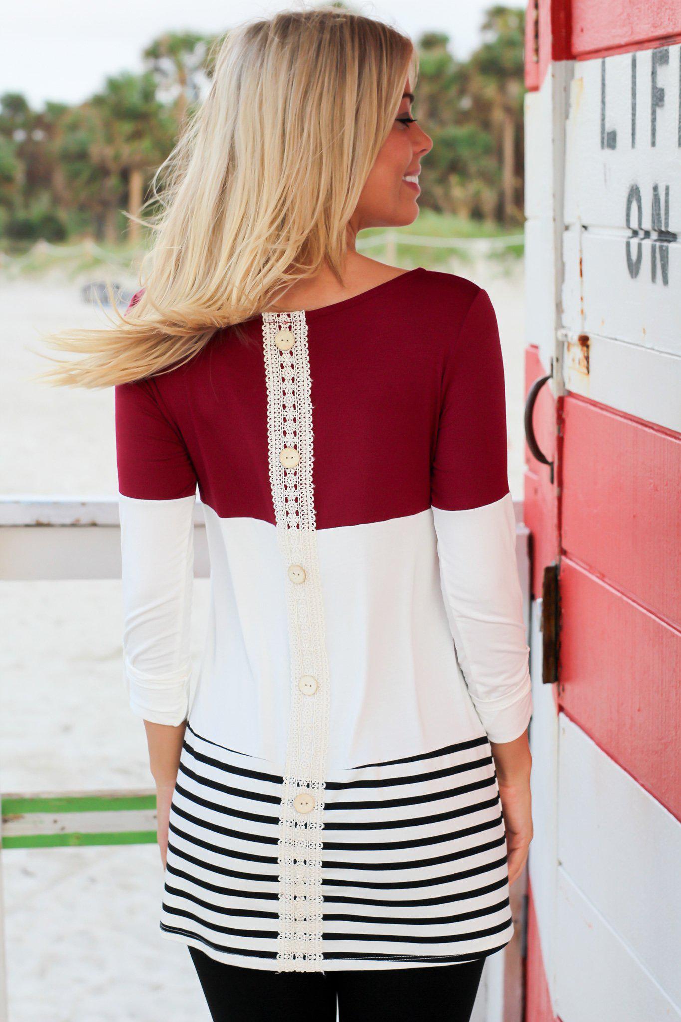 Stylish Burgundy Top with Crochet Back Detail and Buttons