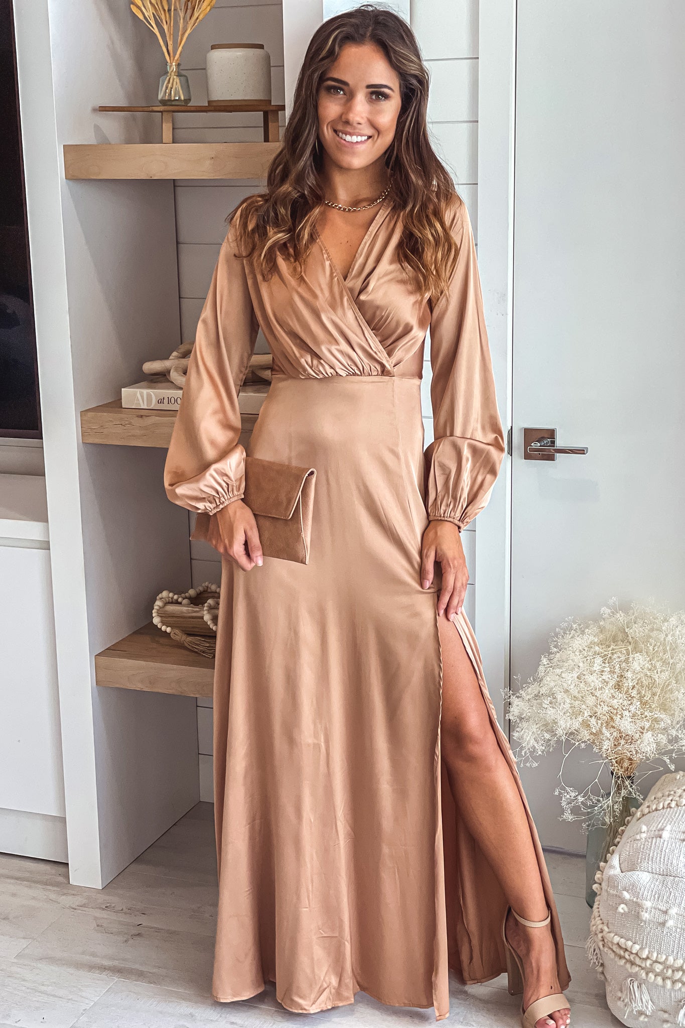 Elegant Champagne Satin V-Neck Long Sleeve Maxi Dress with Side Slit