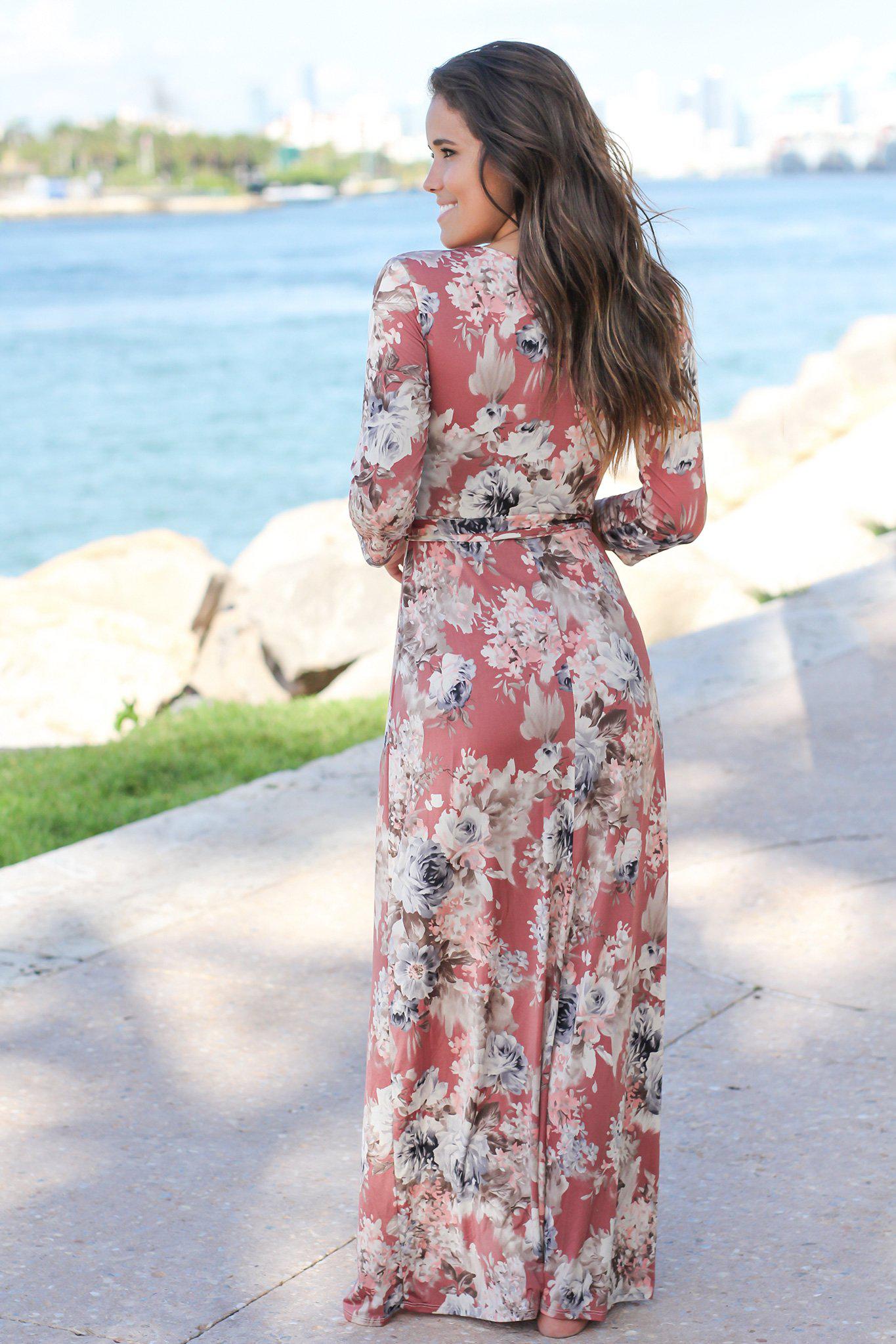 Gorgeous Mauve Floral Wrap Style Women's Maxi Dress