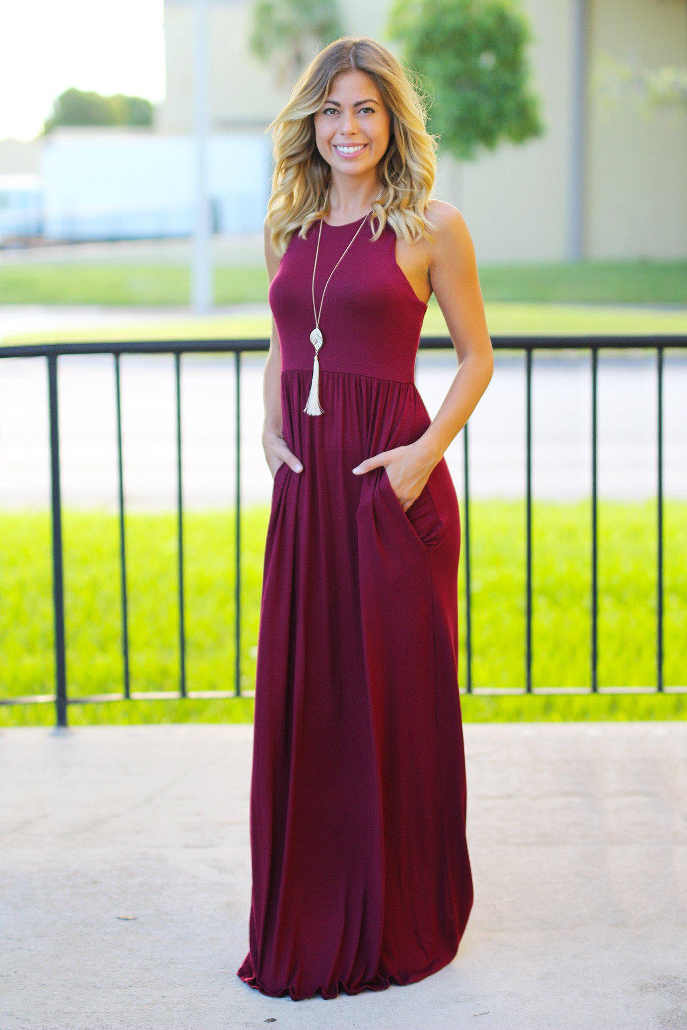 Stunning Burgundy Women's Maxi Dress with Functional Pockets