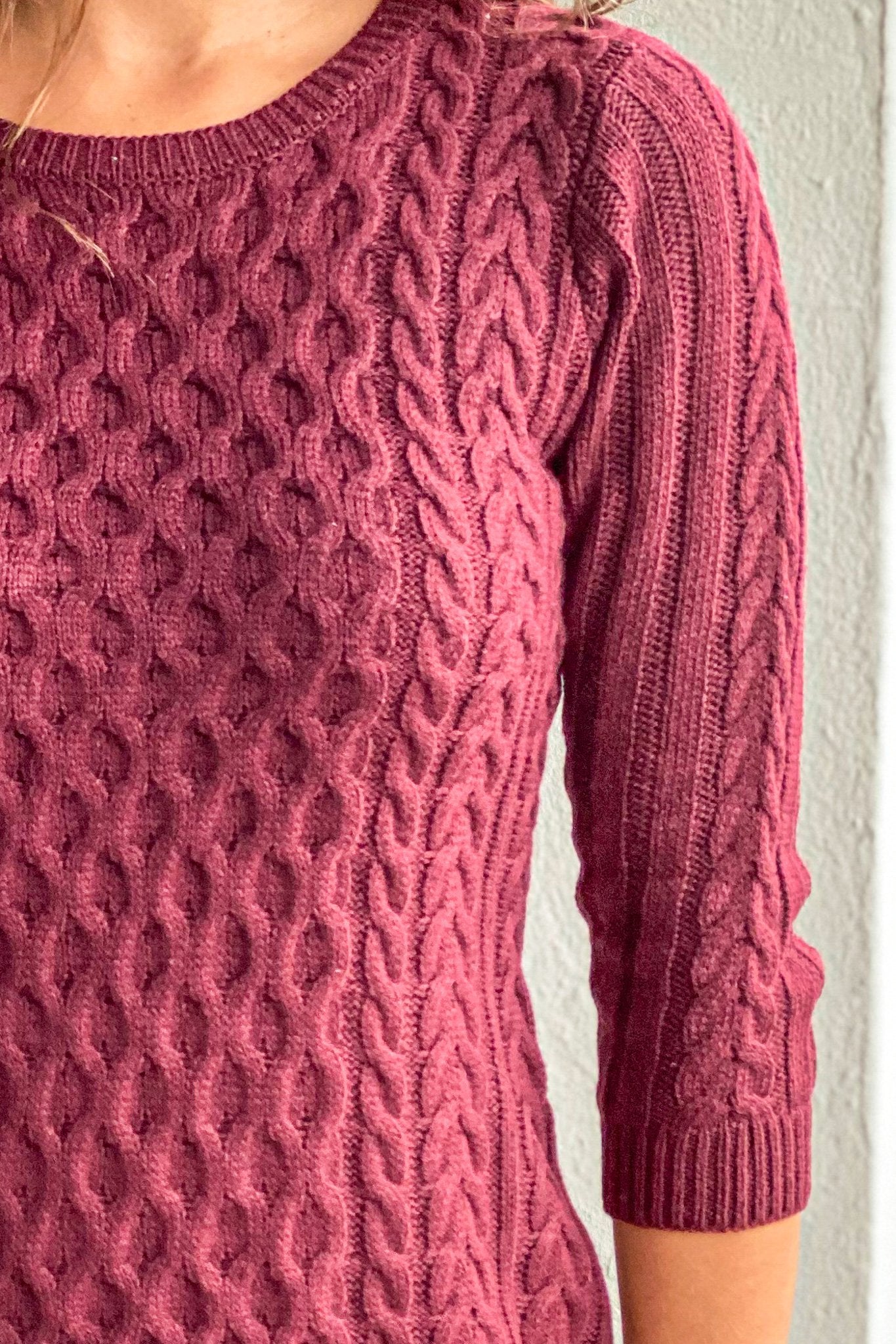Stylish Burgundy Knitted Sweater Dress with Three - Quarter Sleeves for Chilly Nights