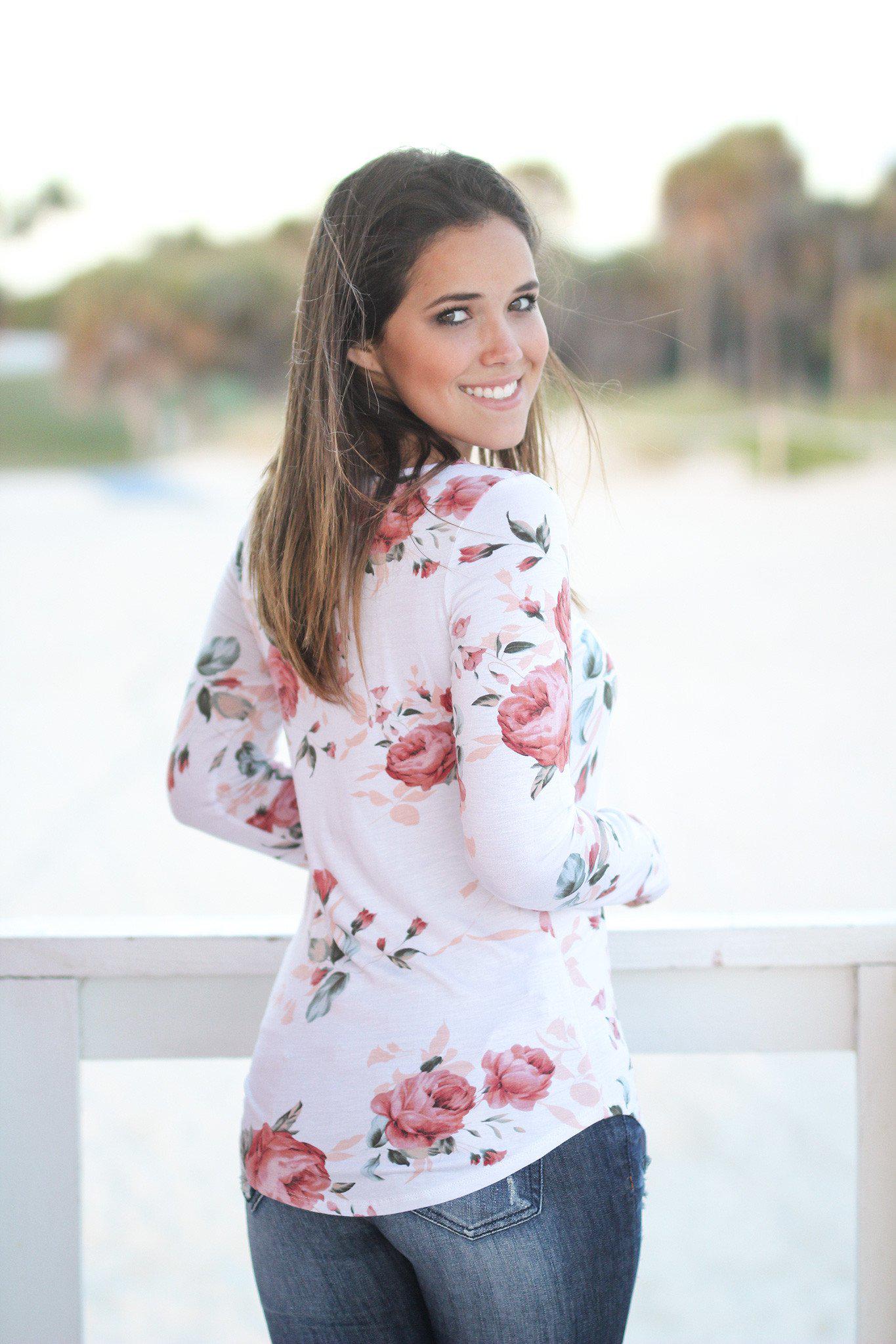 Stylish Ivory Floral Long - Sleeve T - Strap Top for All Occasions
