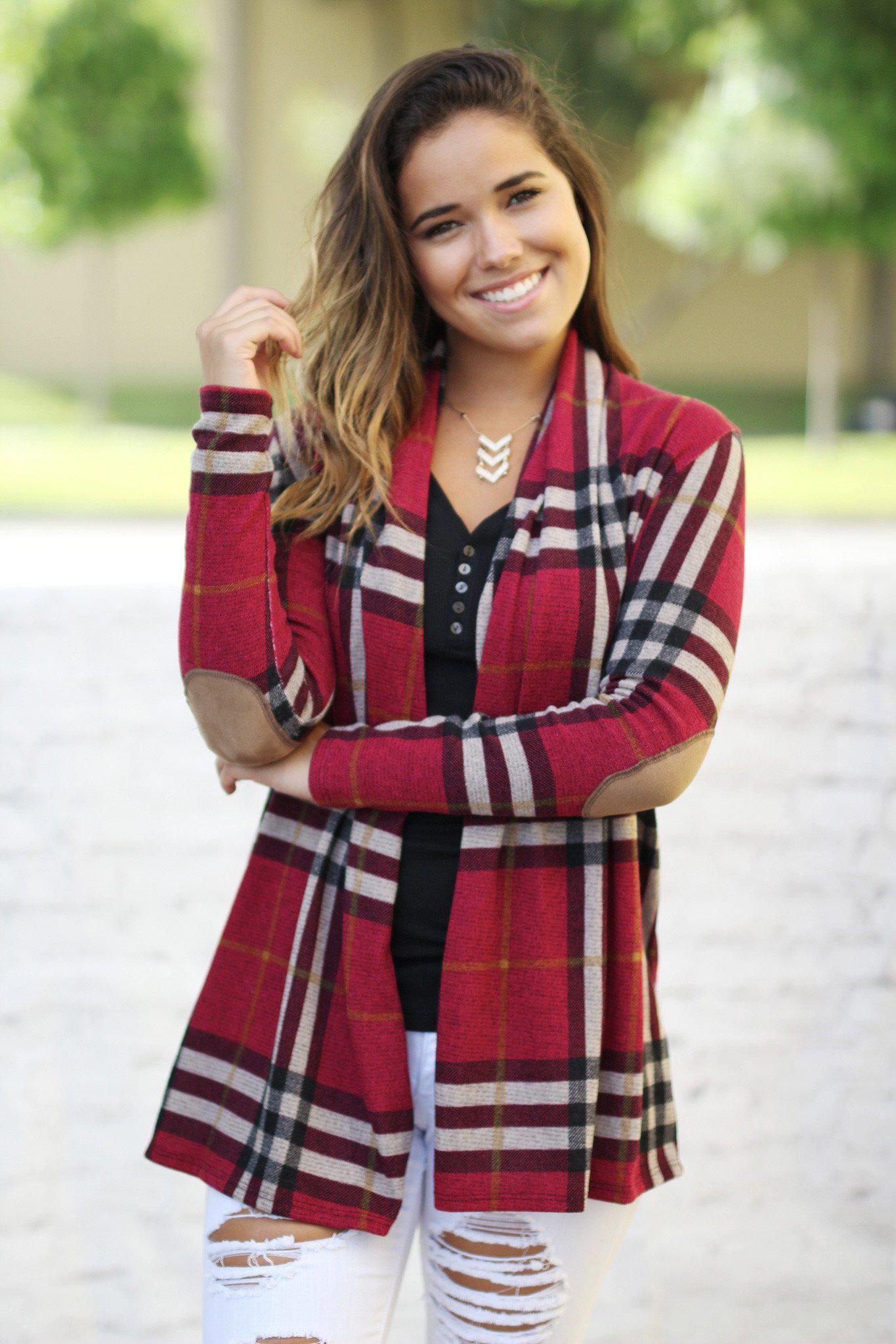 Stylish Burgundy Checkered Cardigan Featuring Elbow Patches for Fashion - Forward Individuals