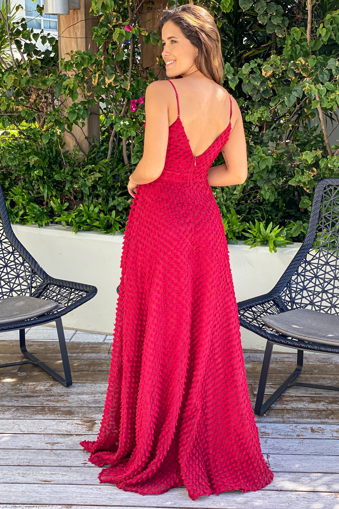 Stunning Burgundy High-Low Dress with Floral and Polka Dot Embellishments