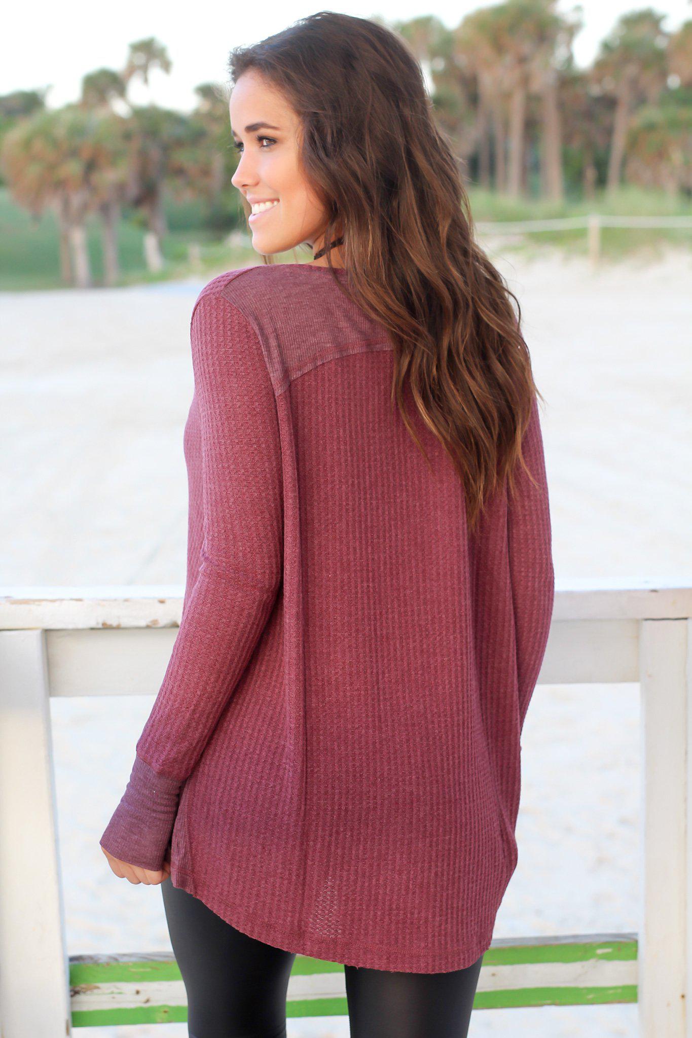 Stylish Burgundy Long Sleeve Top with Convenient Thumb Holes