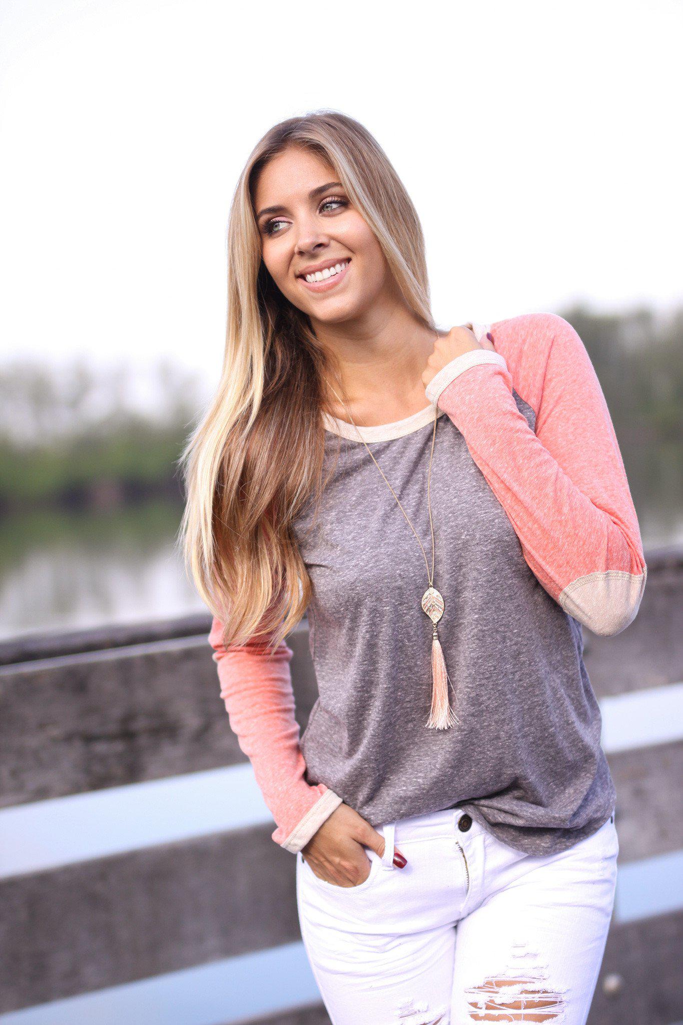 Stylish Charcoal, Rust Baseball Tee for Women with Adorable Elbow Patches