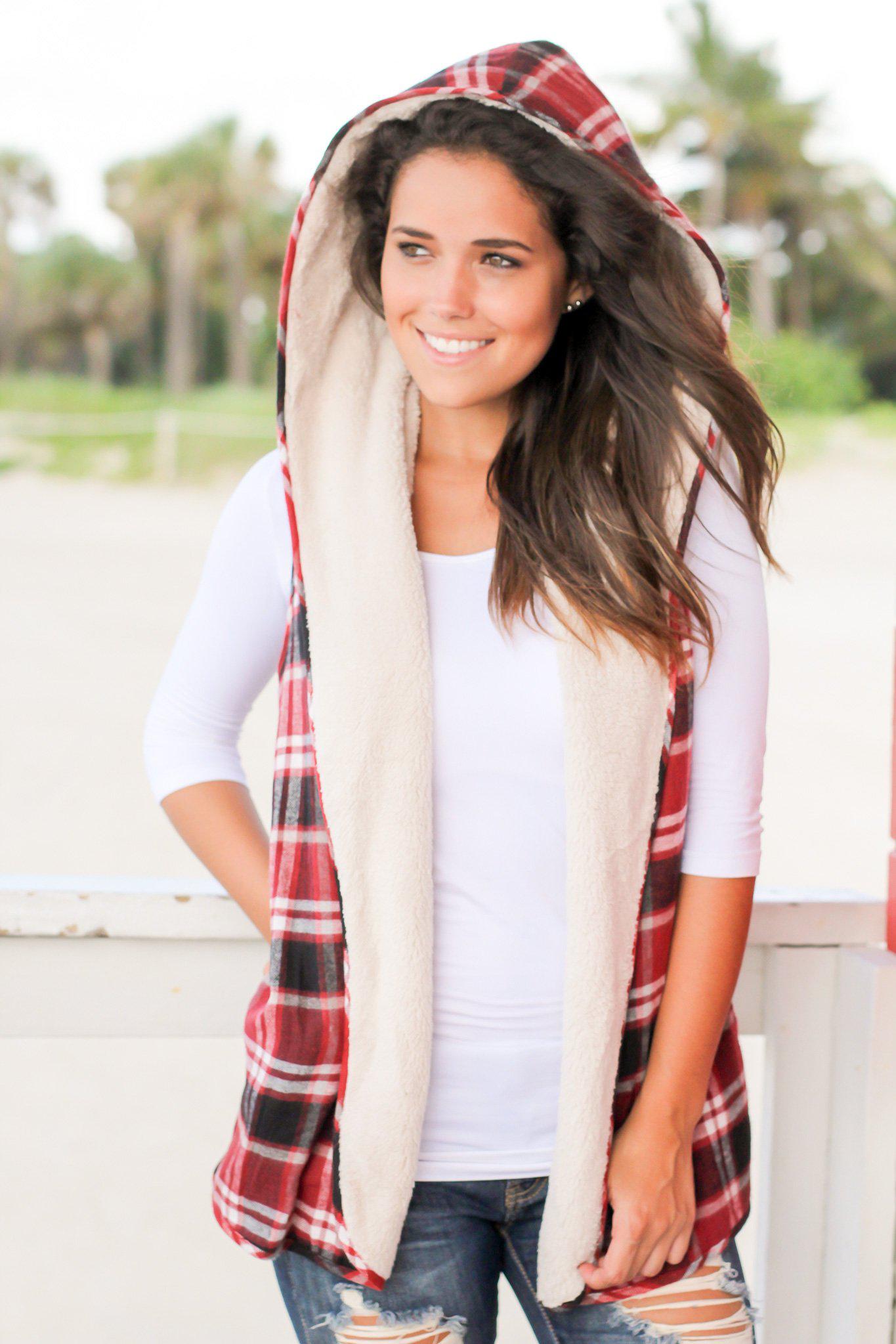 Stylish Burgundy Plaid and Faux Fur Reversible Winter Vest for Fall and Winter Fashion