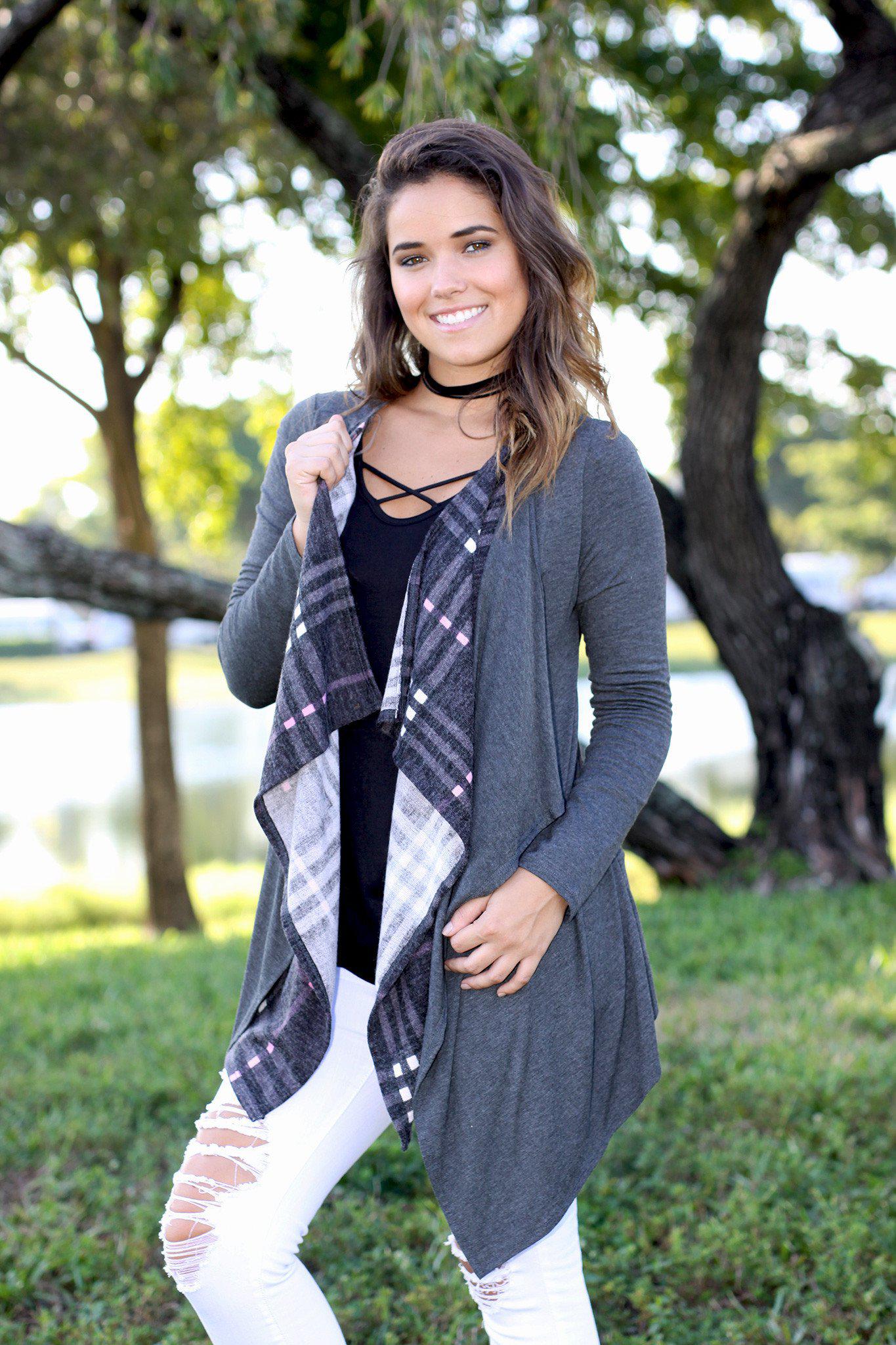 Stylish Charcoal Double - Layer Asymmetrical Plaid Cardigan