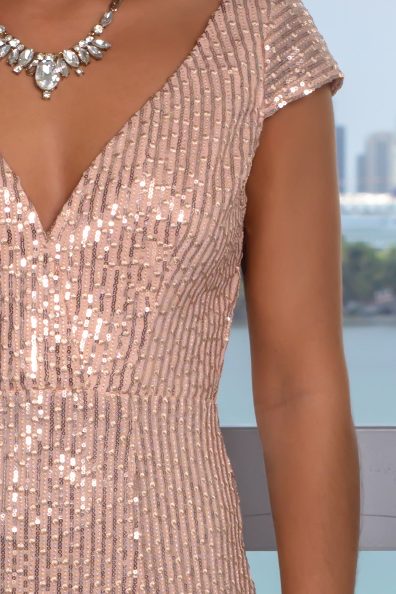Gorgeous Blush-Colored V-Neck Sequined Long Maxi Evening Dress with Side Slit