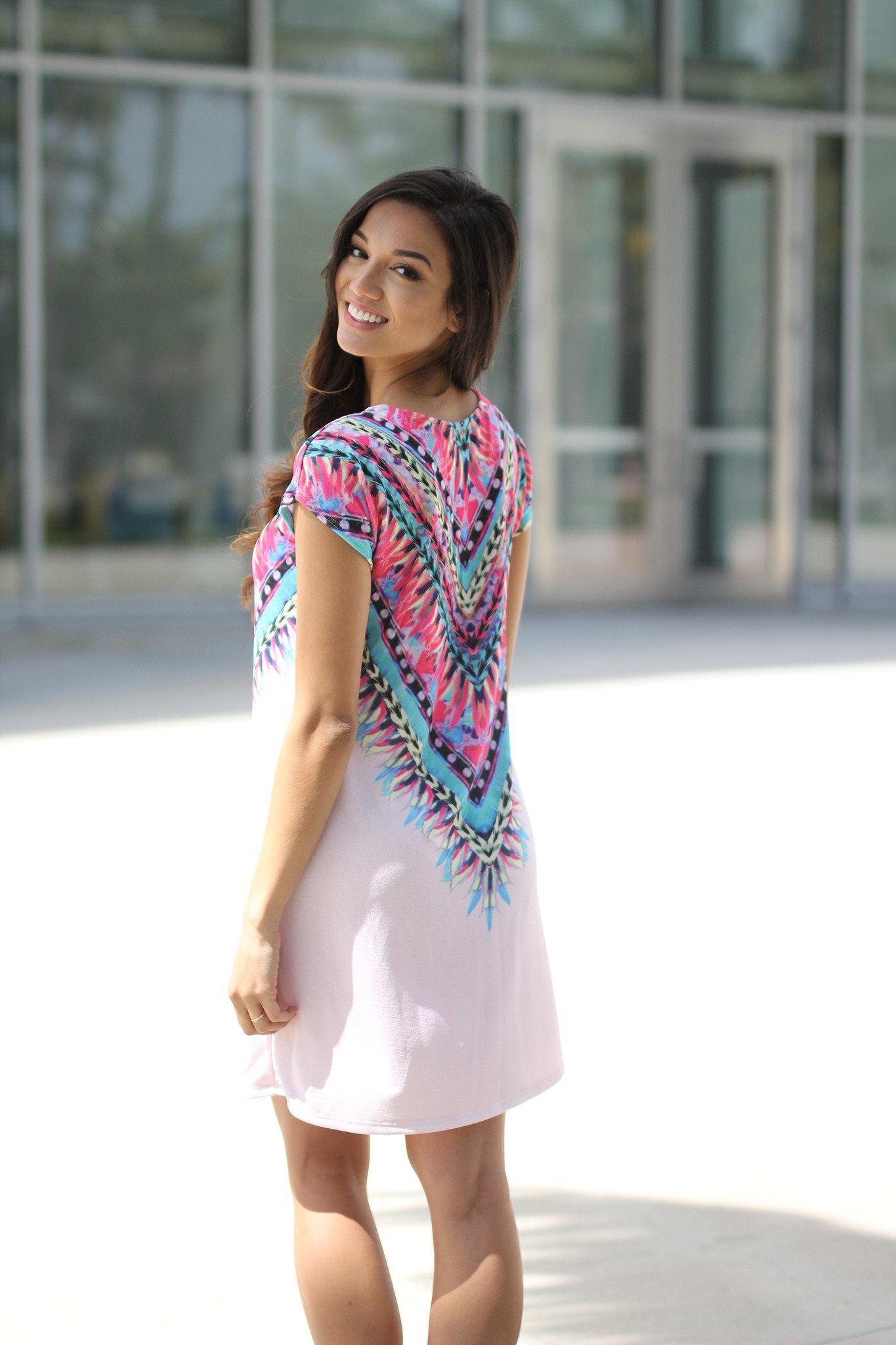 Stylish Light Pink Tribal Patterned Women's Tunic Dress for All Seasons