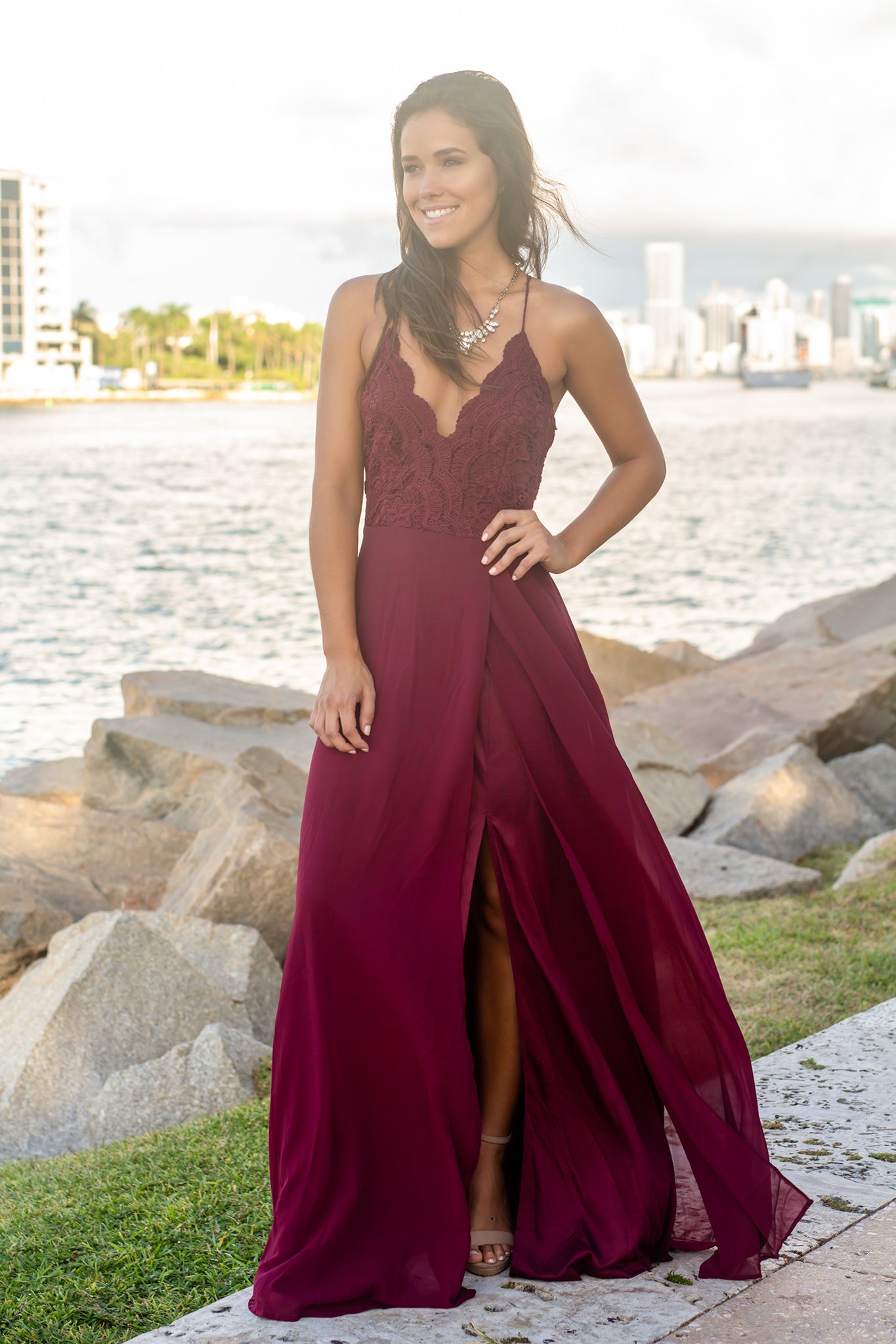 Elegant Burgundy Sleeveless Crochet Top Maxi Dress with Criss Cross Back