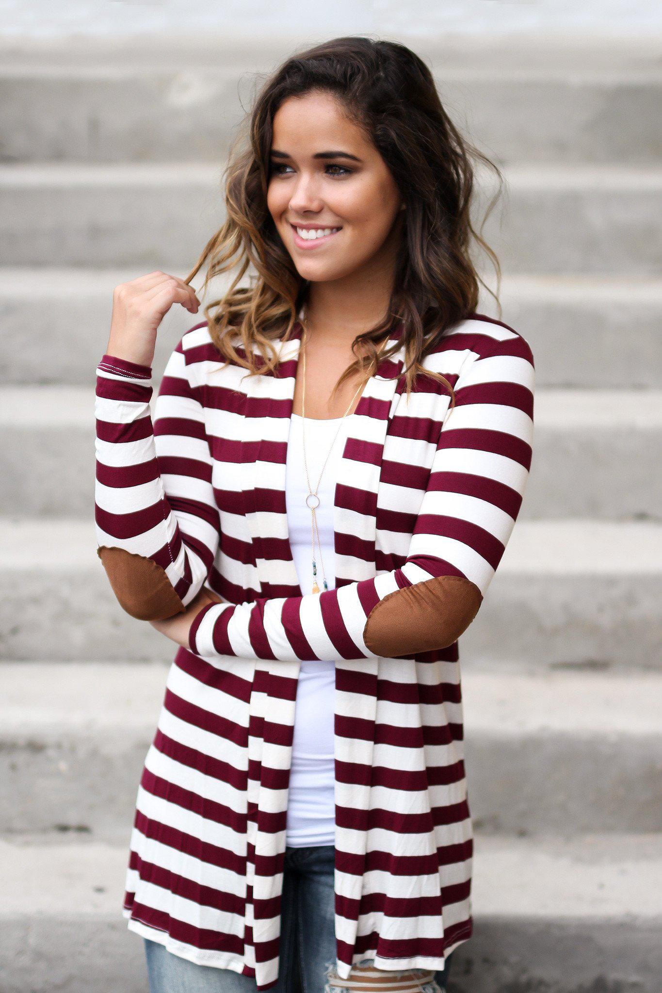 Stylish Fall Burgundy and White Striped Cardigan with Tan Elbow Patches